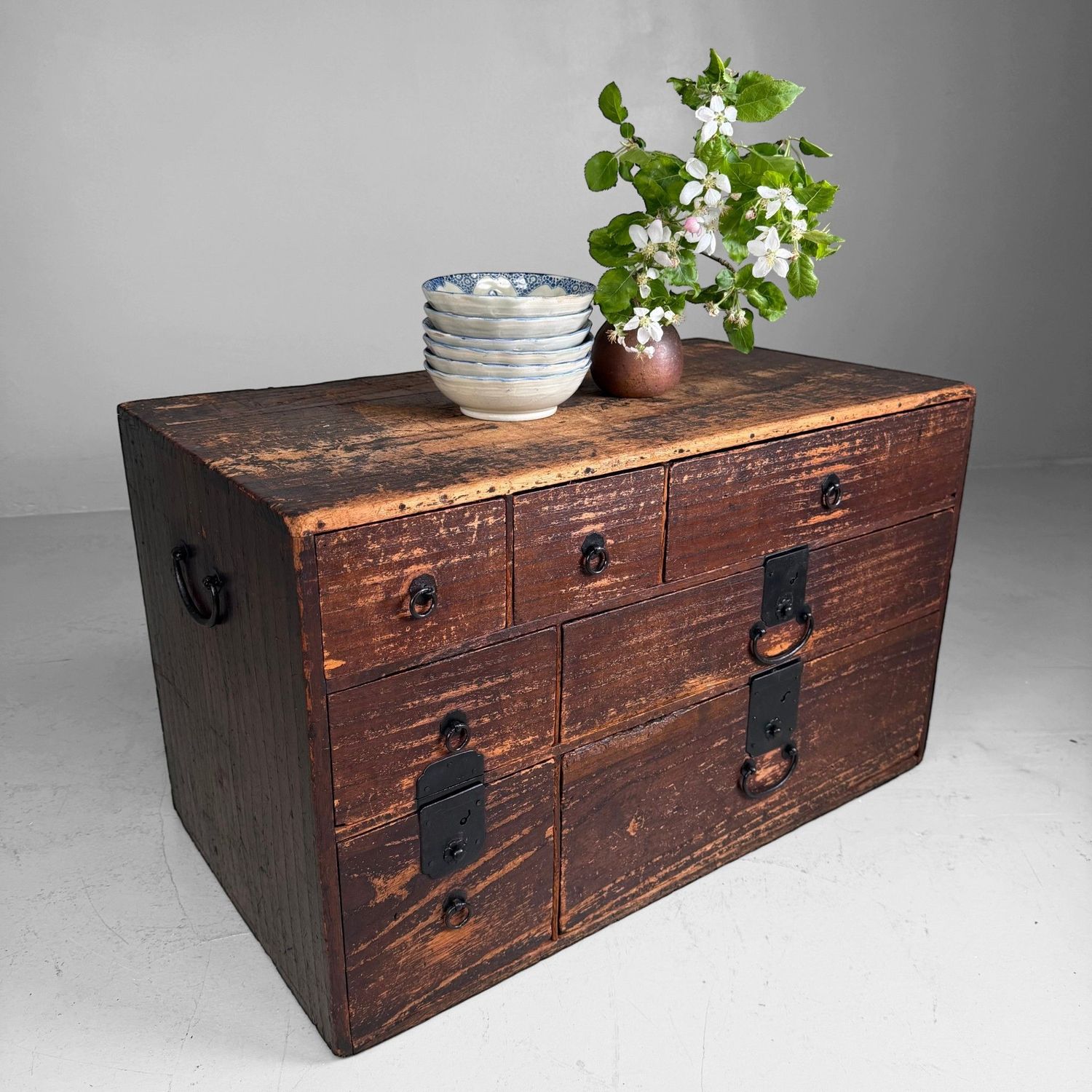 Low Japanese Kimono Tansu Chest of Drawers, c. 1900