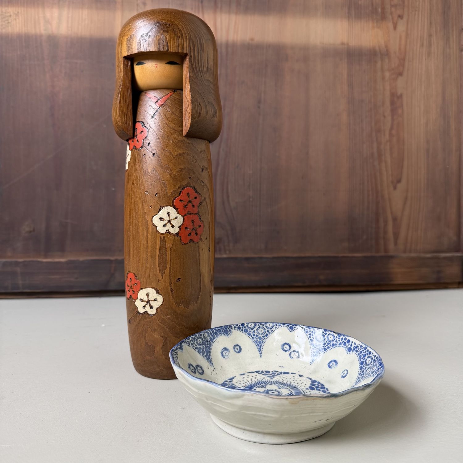 Vintage Usaburo Kokeshi with Ume Blossom, 1970–1980 Vintage Usaburo Kokeshi with Ume Blossom, 1970–1980