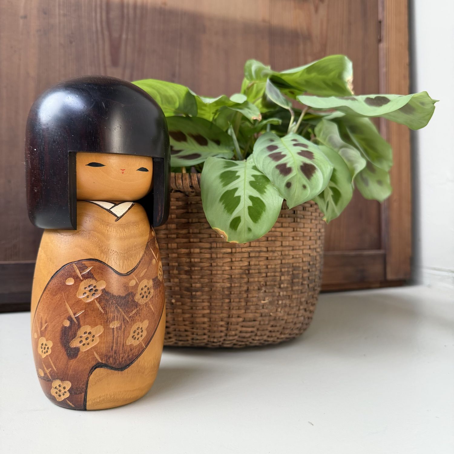 Vintage Japanese Usaburo Kokeshi with Ume Blossoms, 1997