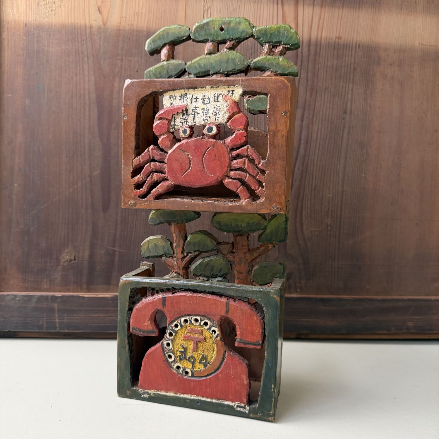 Vintage Japanese Wooden Letter Holder with Crab and Telephone, 1960s