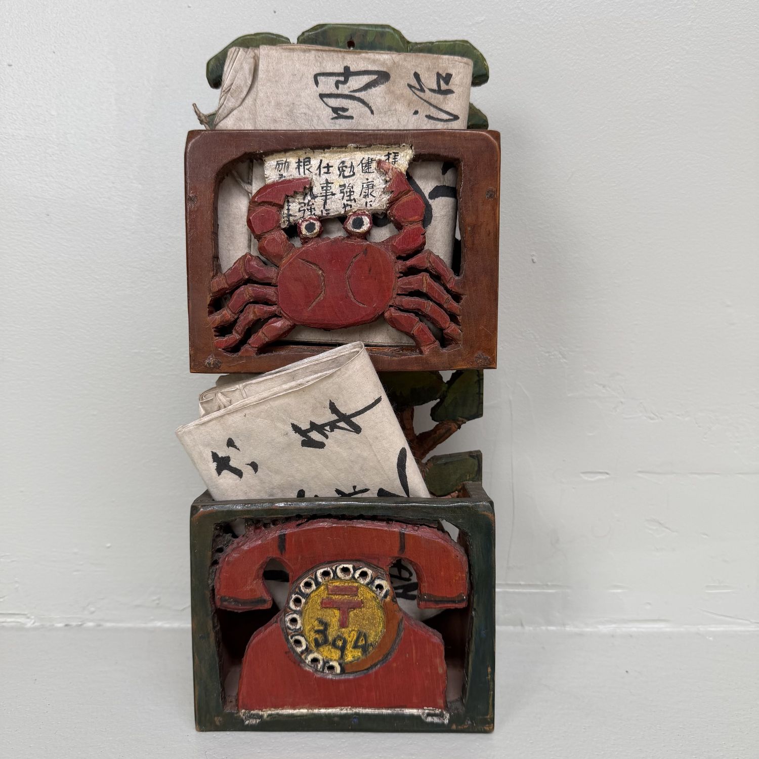 Vintage Japanese Wooden Letter Holder with Crab and Telephone, 1960s