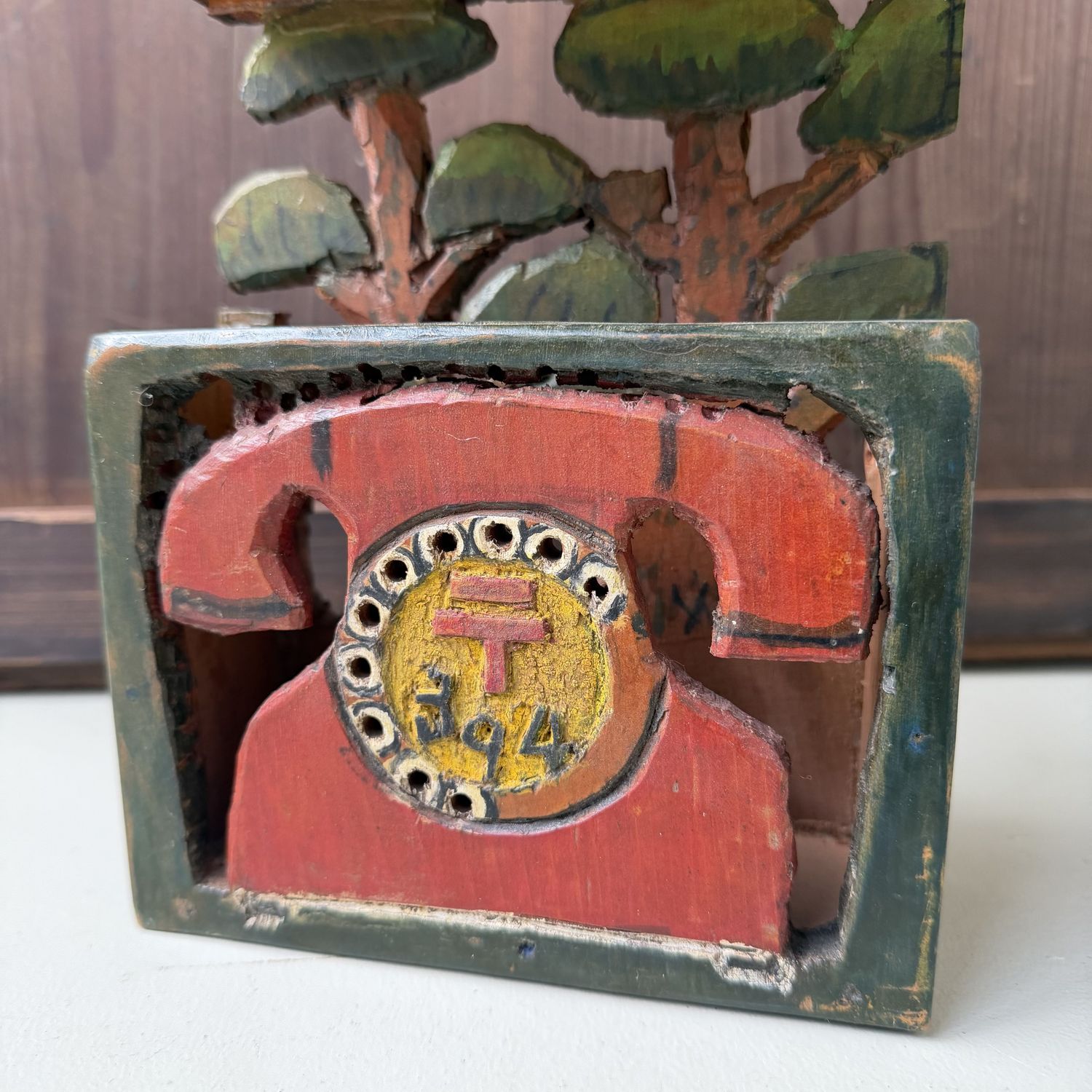 Vintage Japanese Wooden Letter Holder with Crab and Telephone, 1960s
