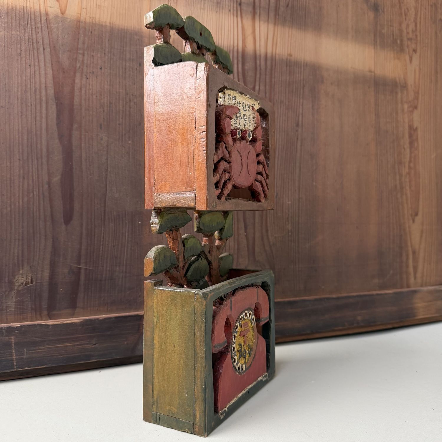 Vintage Japanese Wooden Letter Holder with Crab and Telephone, 1960s