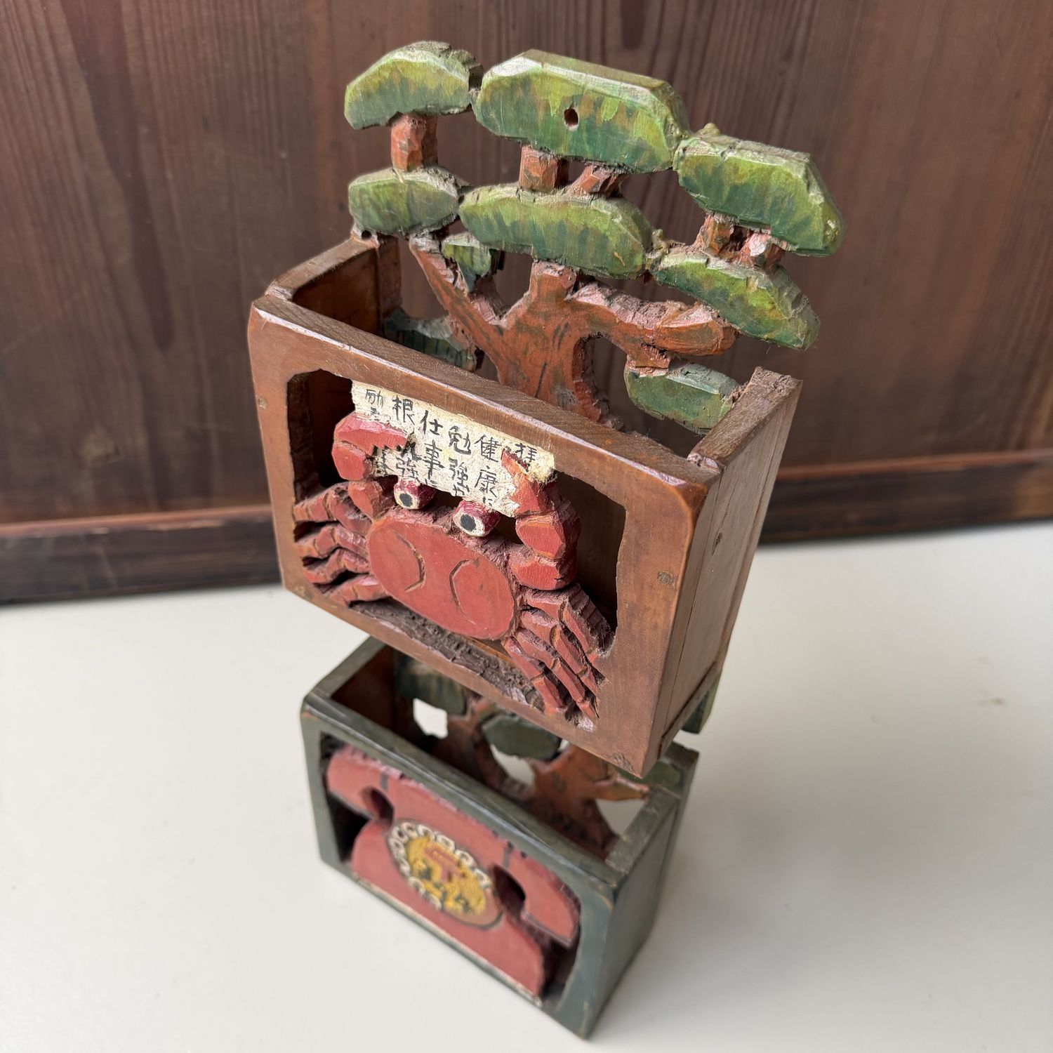 Vintage Japanese Wooden Letter Holder with Crab and Telephone, 1960s