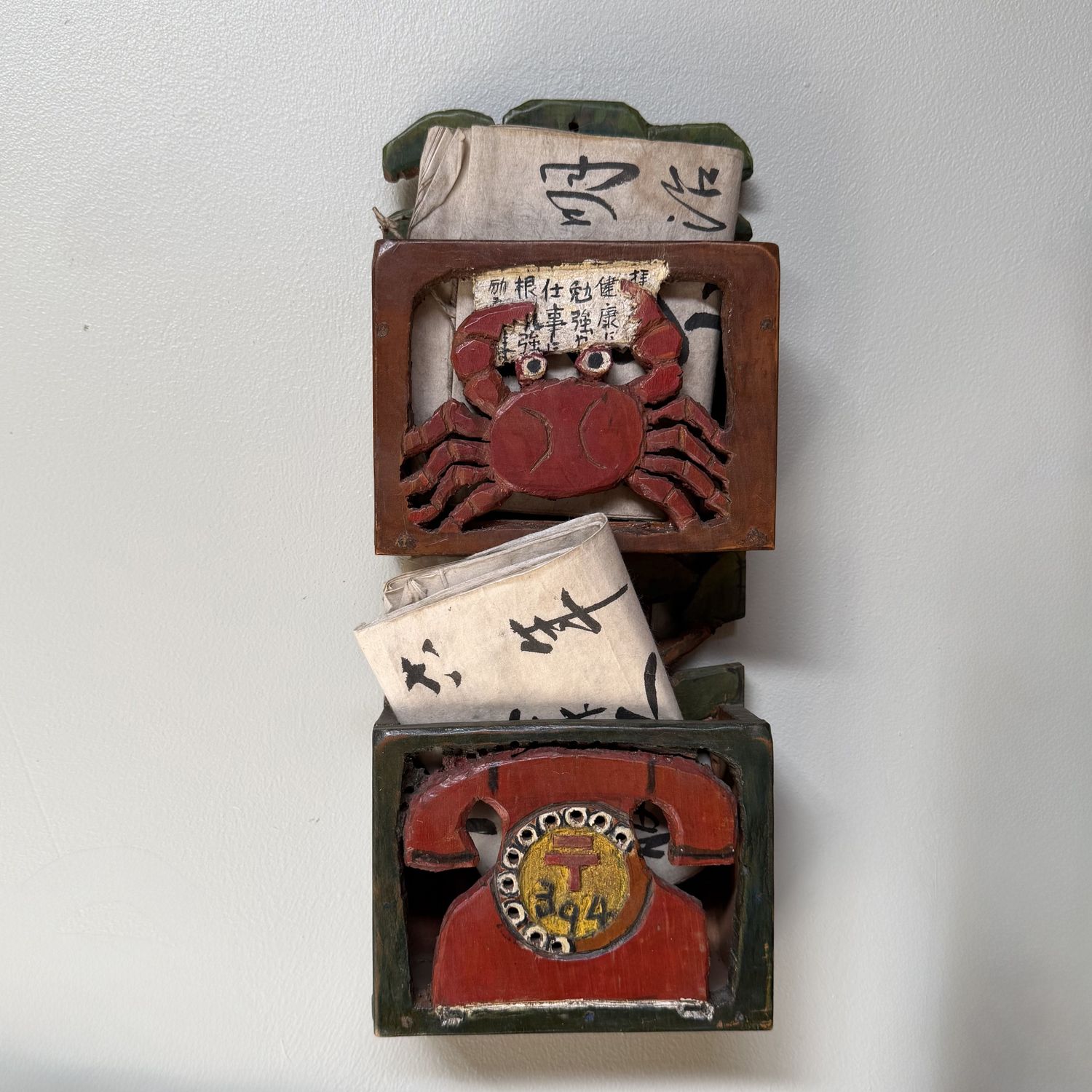 Vintage Japanese Wooden Letter Holder with Crab and Telephone, 1960s