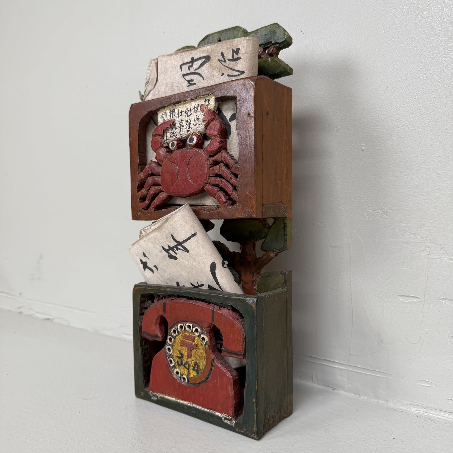 Vintage Japanese Wooden Letter Holder with Crab and Telephone, 1960s