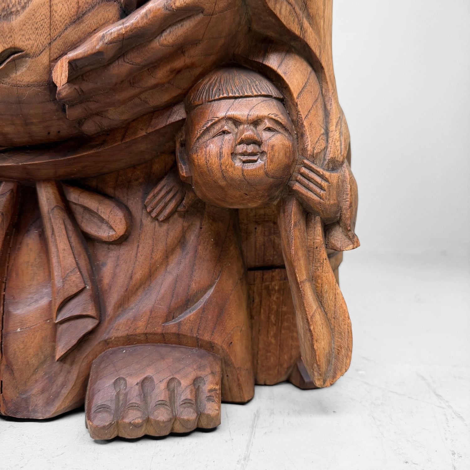 Japanese Wooden Temple Statue of Hotei with Child, c. 1920