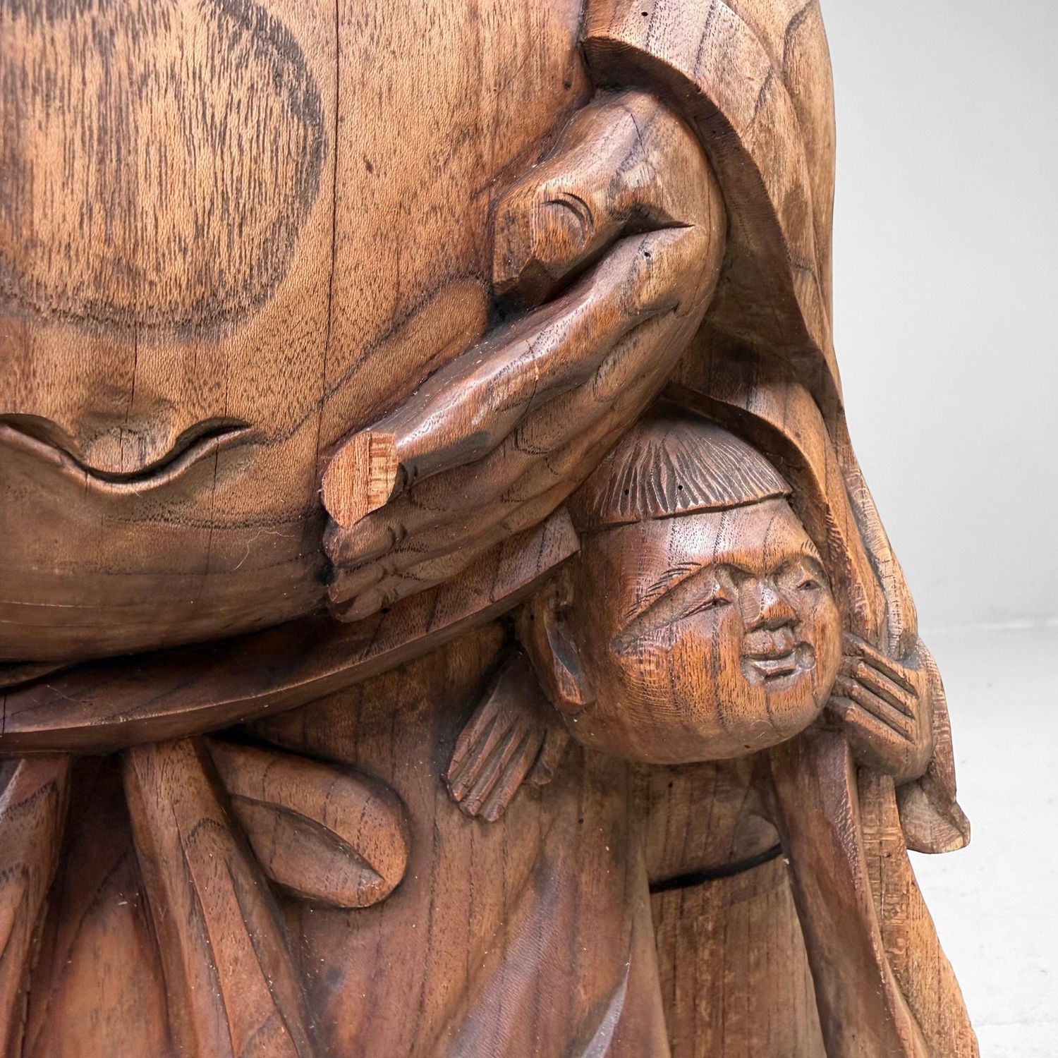 Japanese Wooden Temple Statue of Hotei with Child, c. 1920