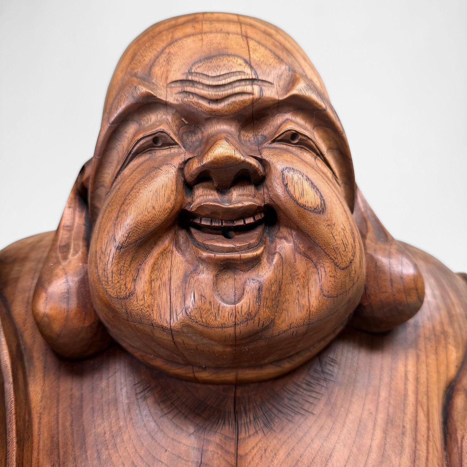 Japanese Wooden Temple Statue of Hotei with Child, c. 1920