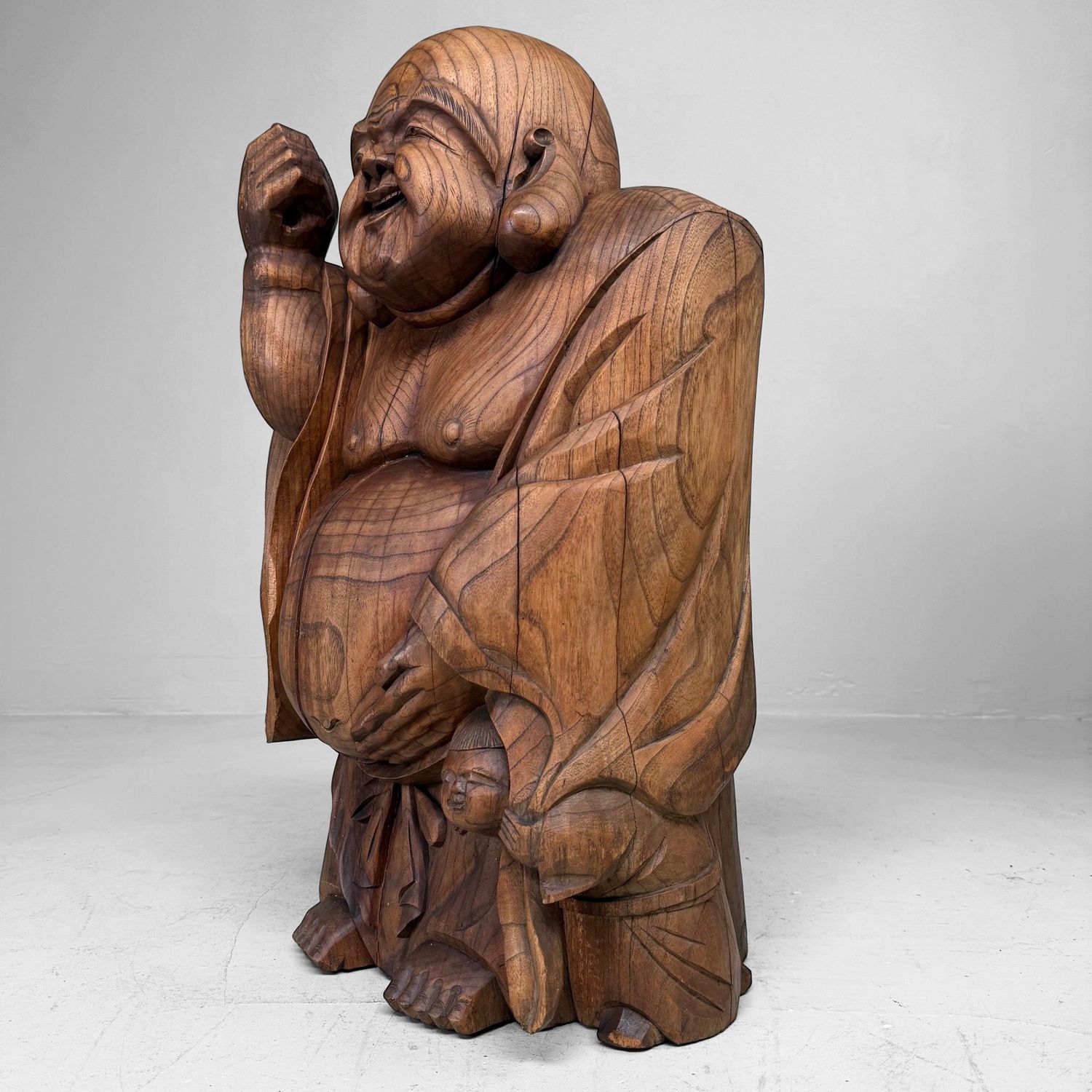 Japanese Wooden Temple Statue of Hotei with Child, c. 1920