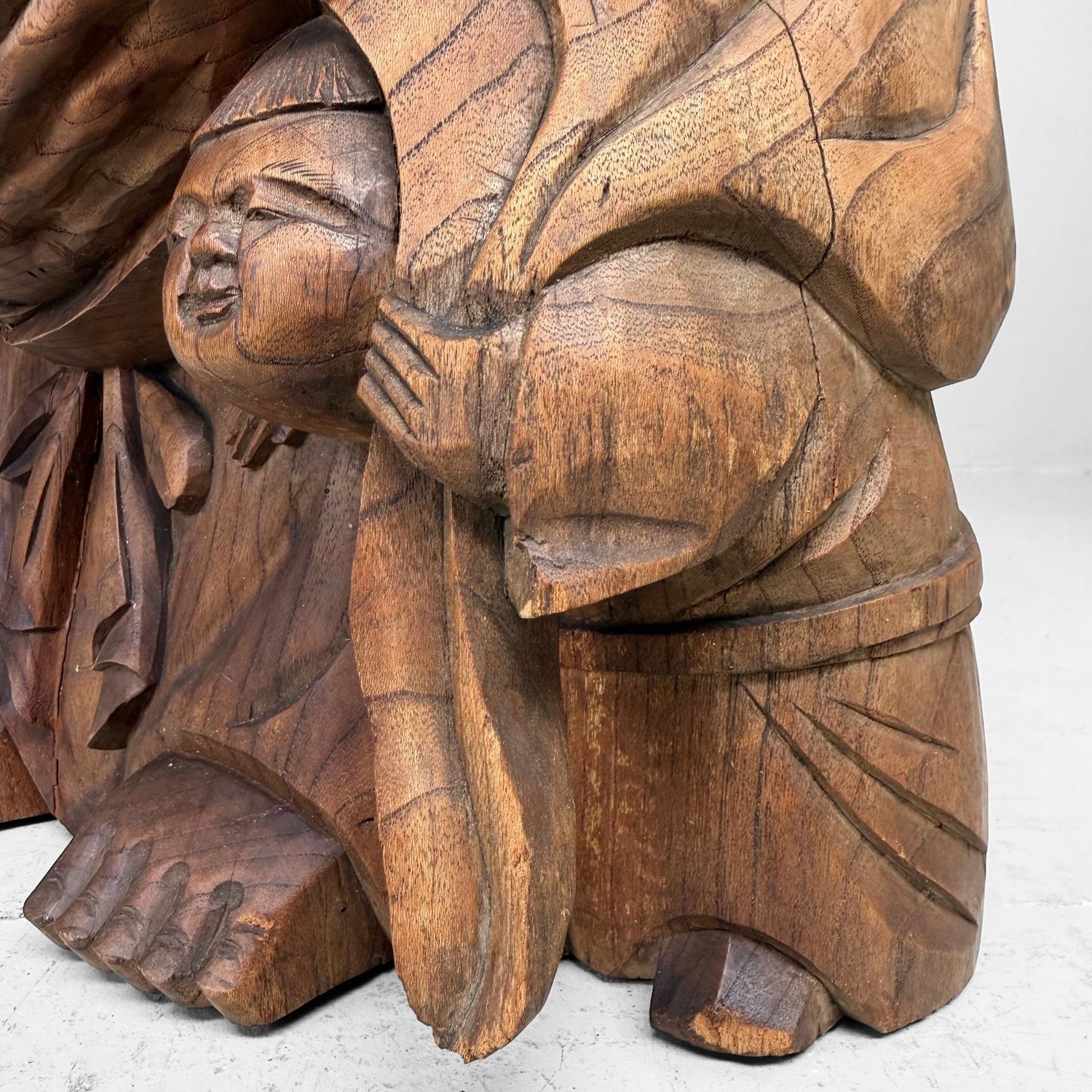 Japanese Wooden Temple Statue of Hotei with Child, c. 1920