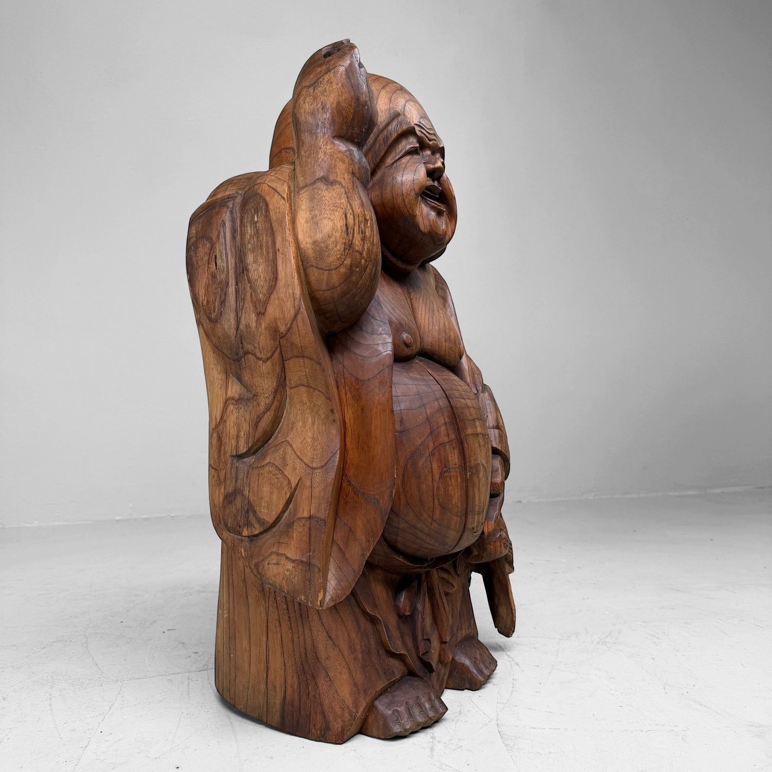 Japanese Wooden Temple Statue of Hotei with Child, c. 1920