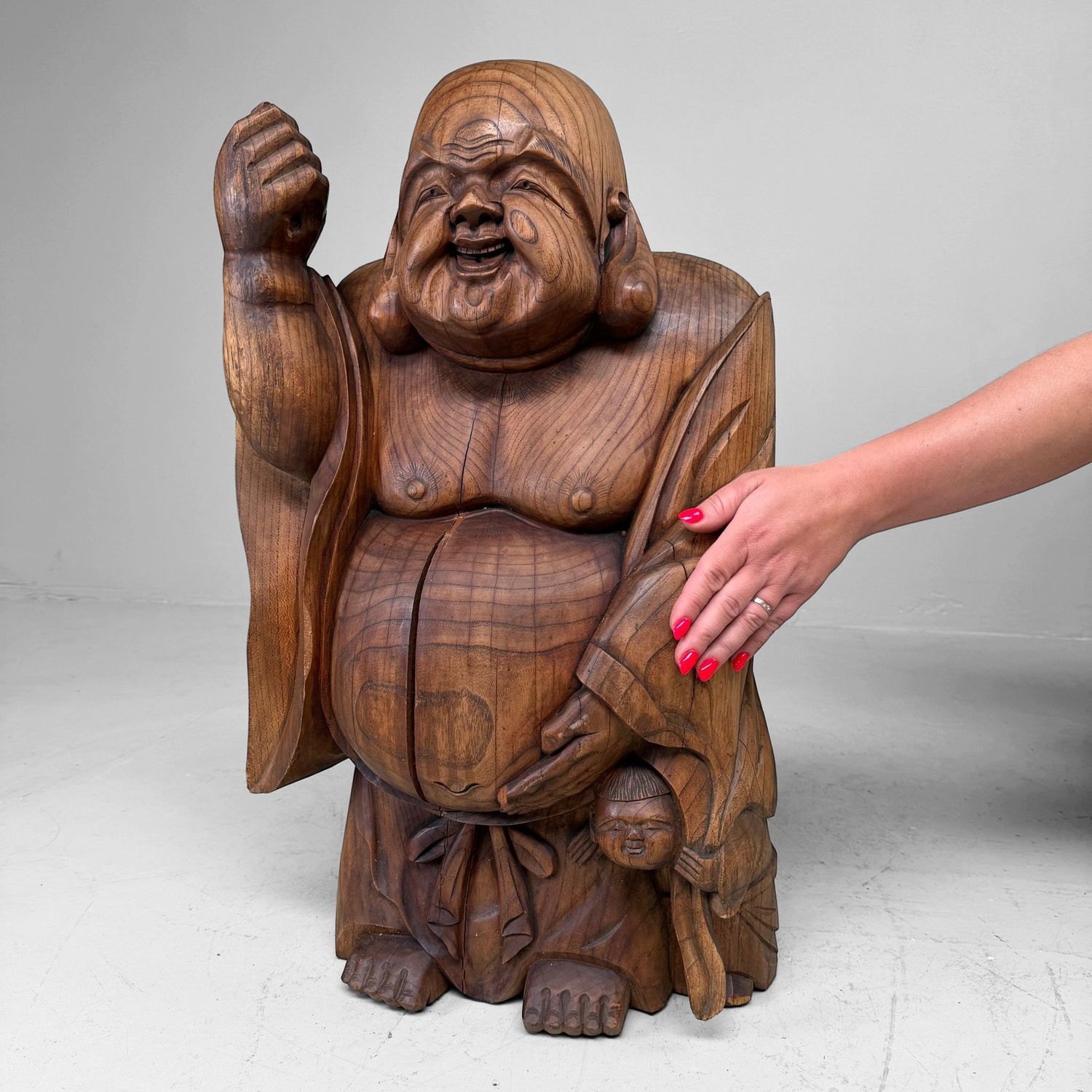 Japanese Wooden Temple Statue of Hotei with Child, c. 1920
