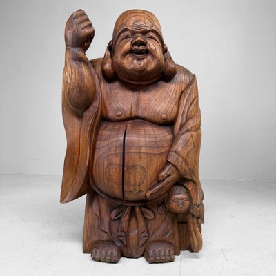 Japanse Hotei met Kind Houten Tempelbeeld, ca. 1920