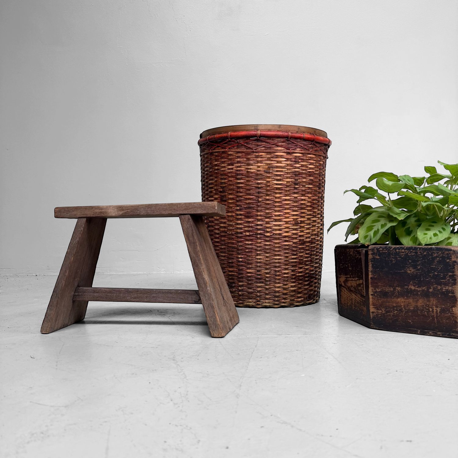 Antique Japanese Bamboo Basket with Red Lacquered Rim, 1930s