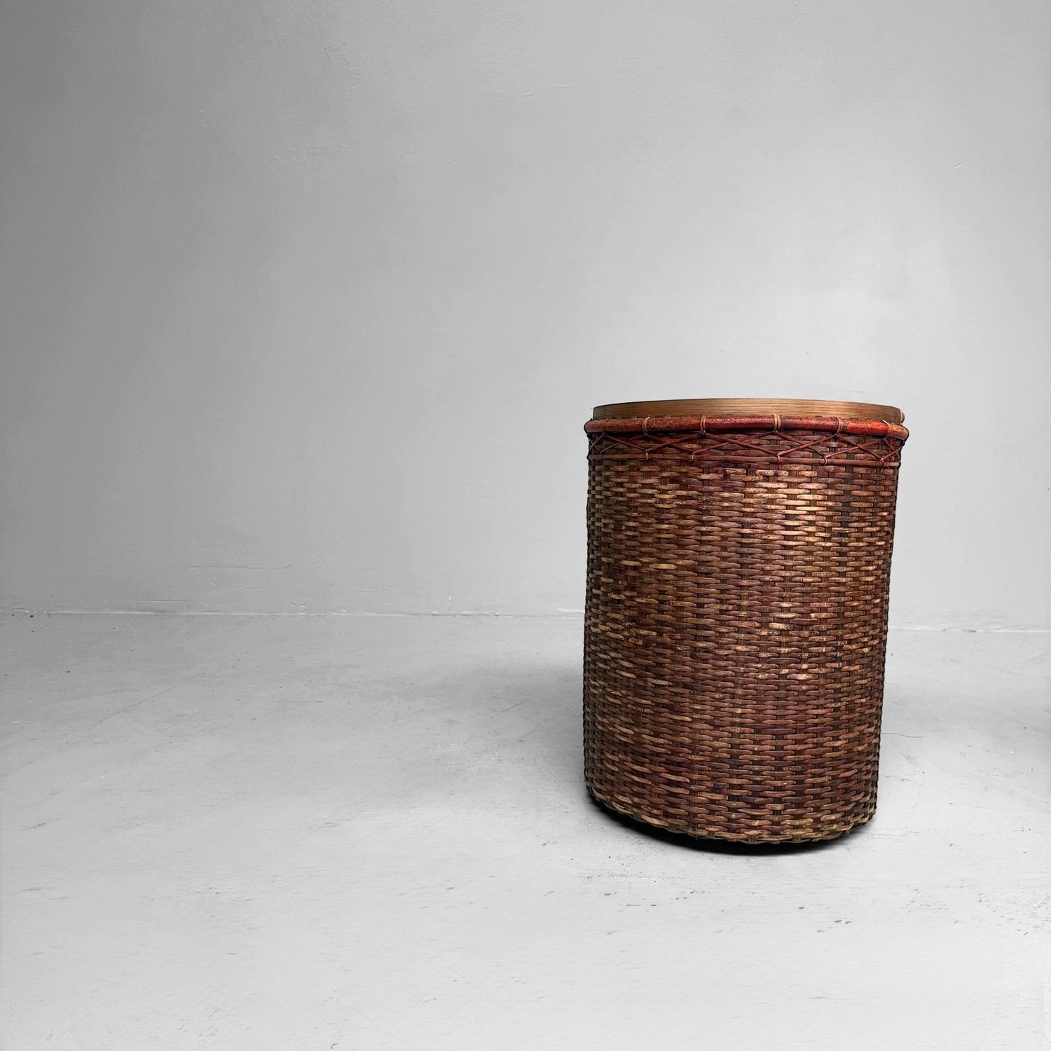 Antique Japanese Bamboo Basket with Red Lacquered Rim, 1930s