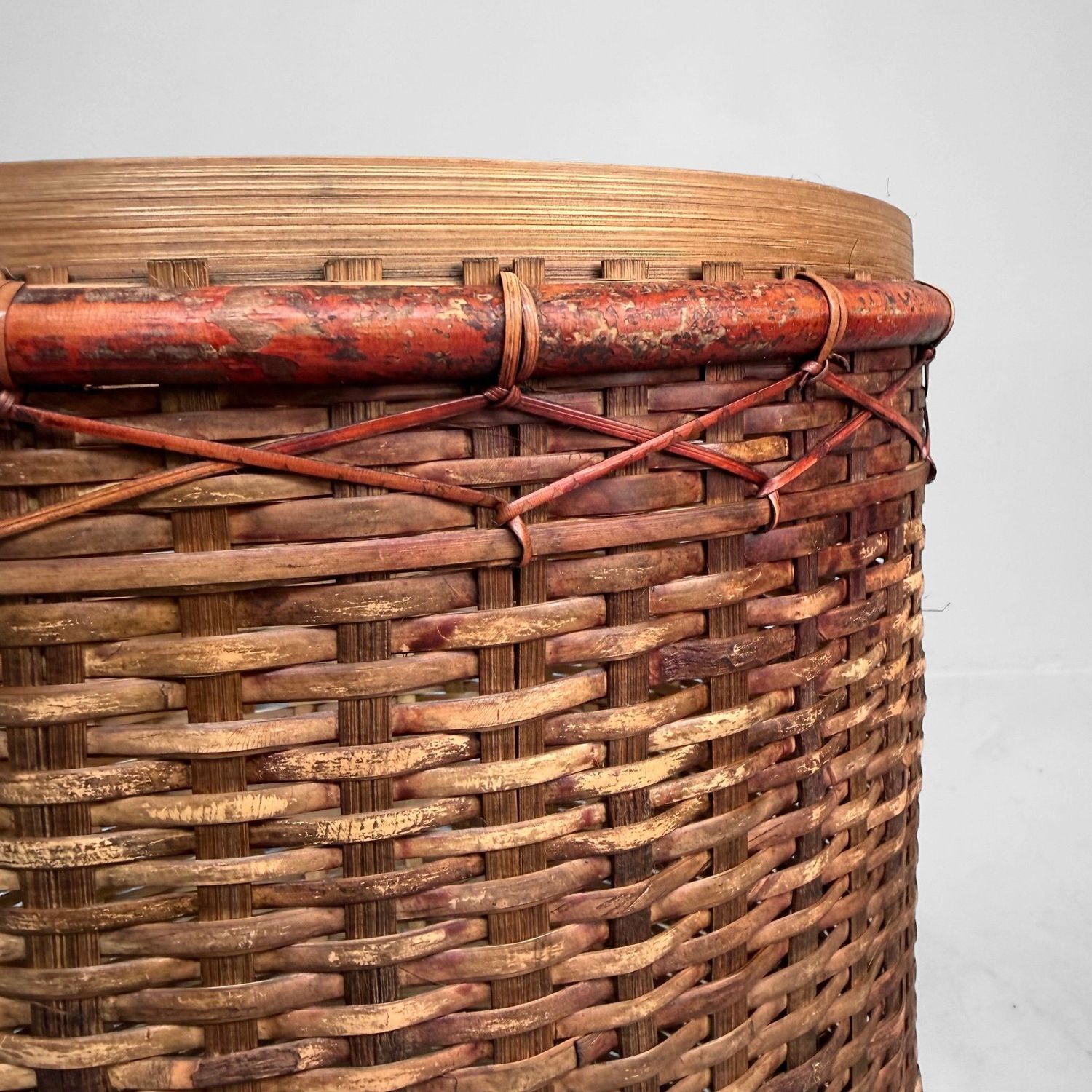 Antique Japanese Bamboo Basket with Red Lacquered Rim, 1930s