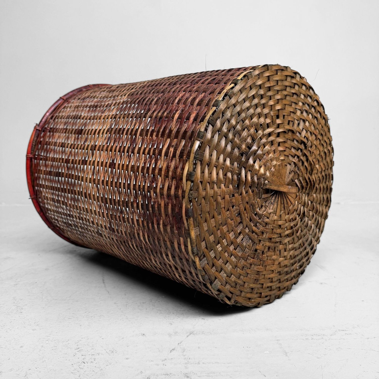 Antique Japanese Bamboo Basket with Red Lacquered Rim, 1930s