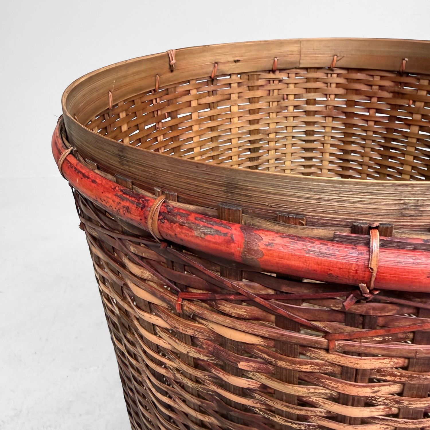 Antique Japanese Bamboo Basket with Red Lacquered Rim, 1930s