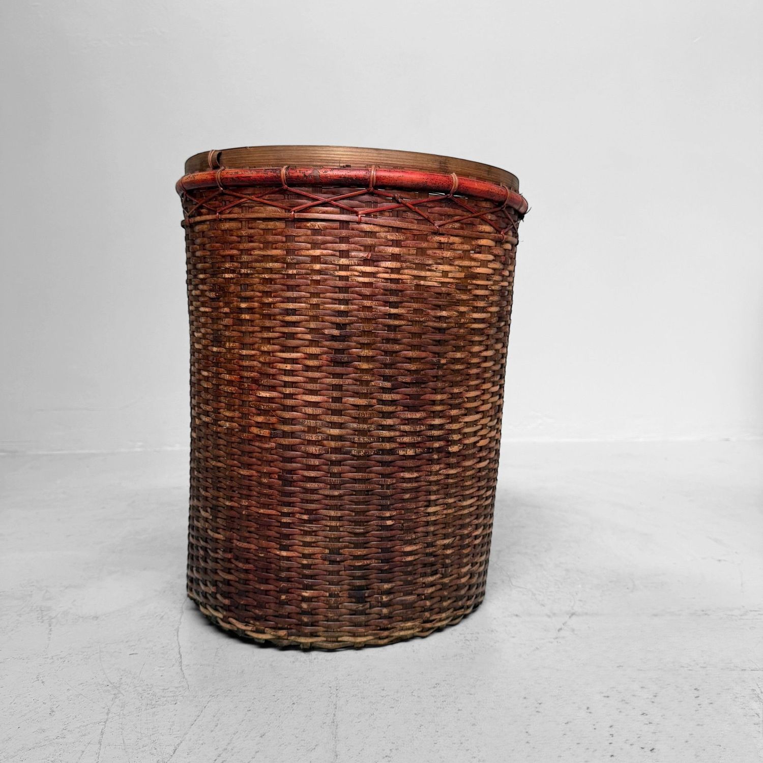 Antique Japanese Bamboo Basket with Red Lacquered Rim, 1930s