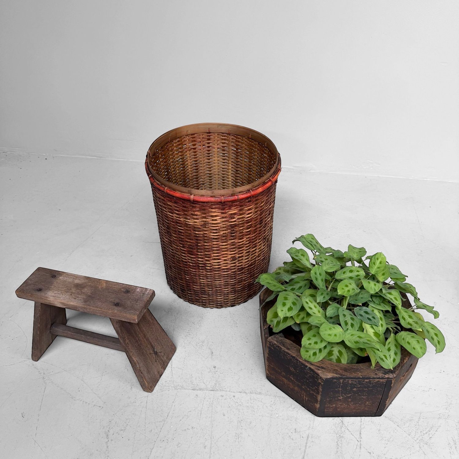 Antique Japanese Bamboo Basket with Red Lacquered Rim, 1930s