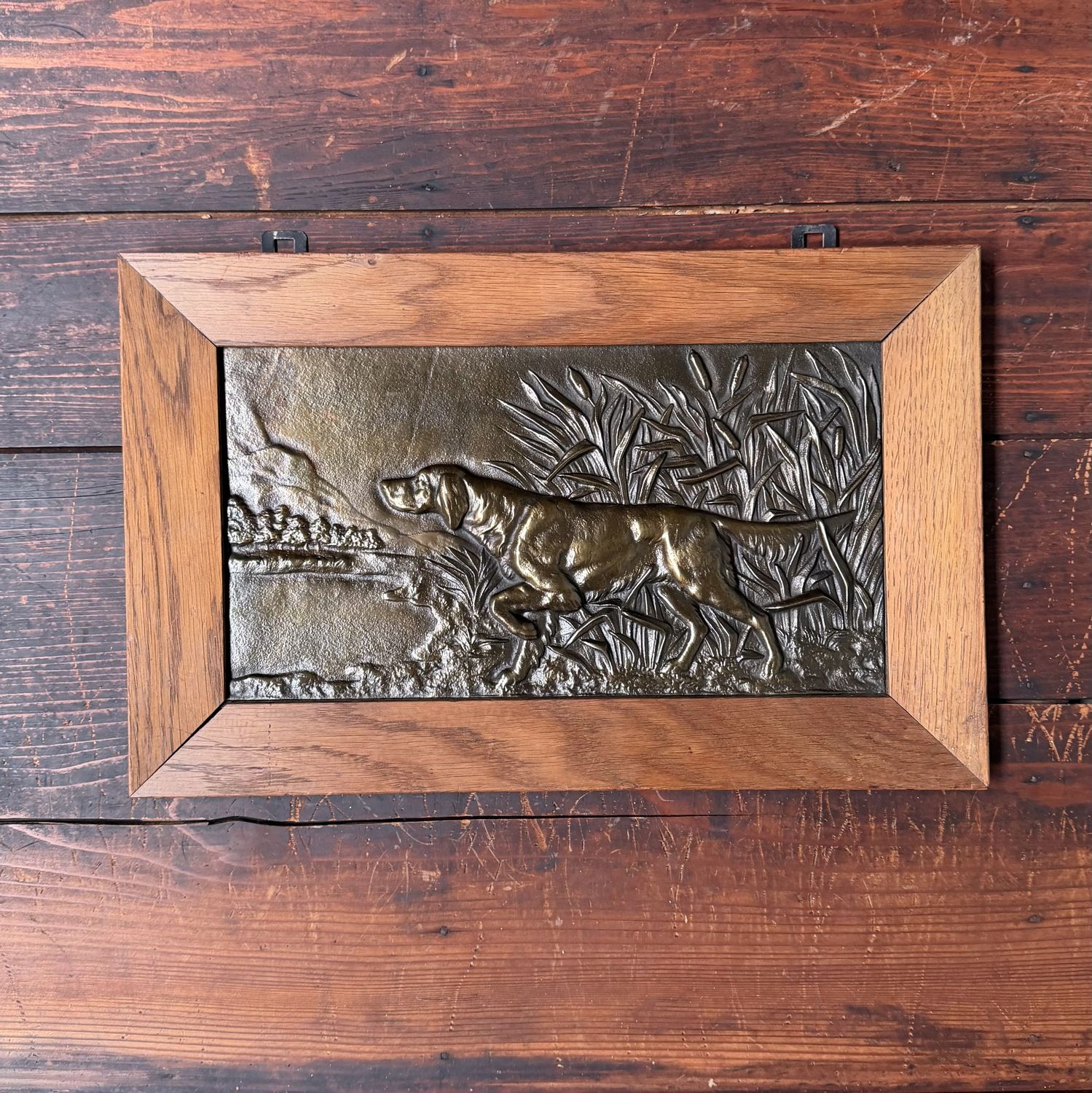 Set of Two Antique Metal Bas-Reliefs with Hunting Dogs, c. 1900