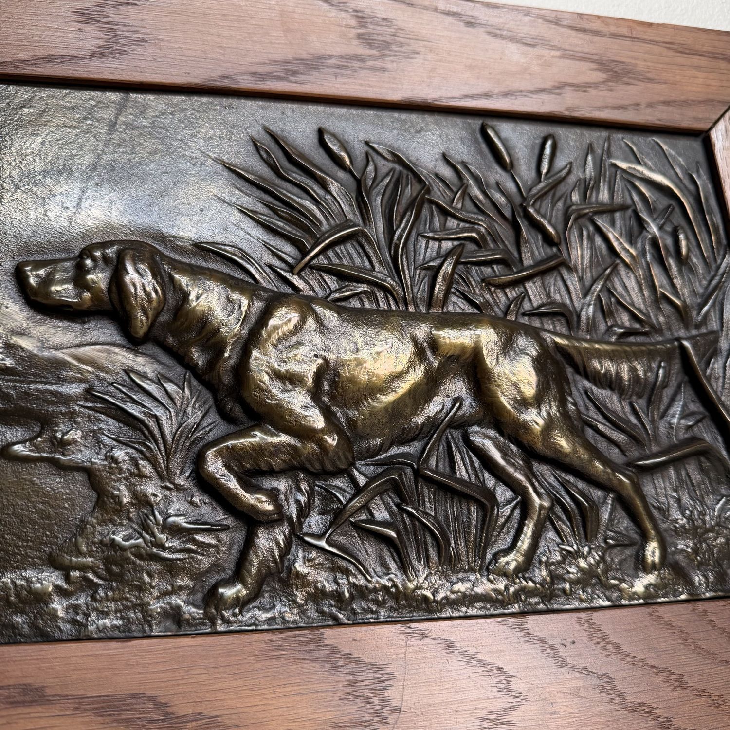 Set of Two Antique Metal Bas-Reliefs with Hunting Dogs, c. 1900
