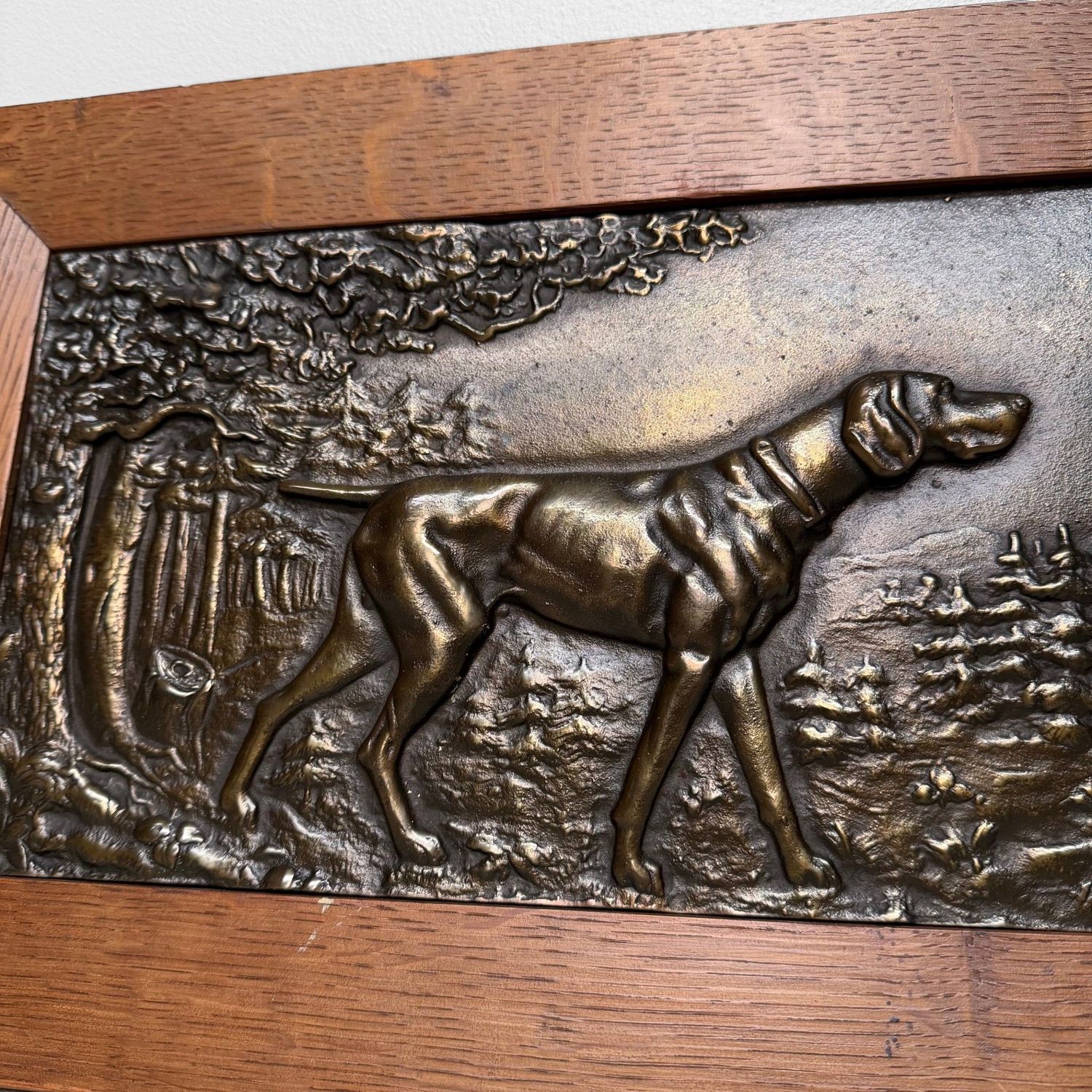 Set of Two Antique Metal Bas-Reliefs with Hunting Dogs, c. 1900