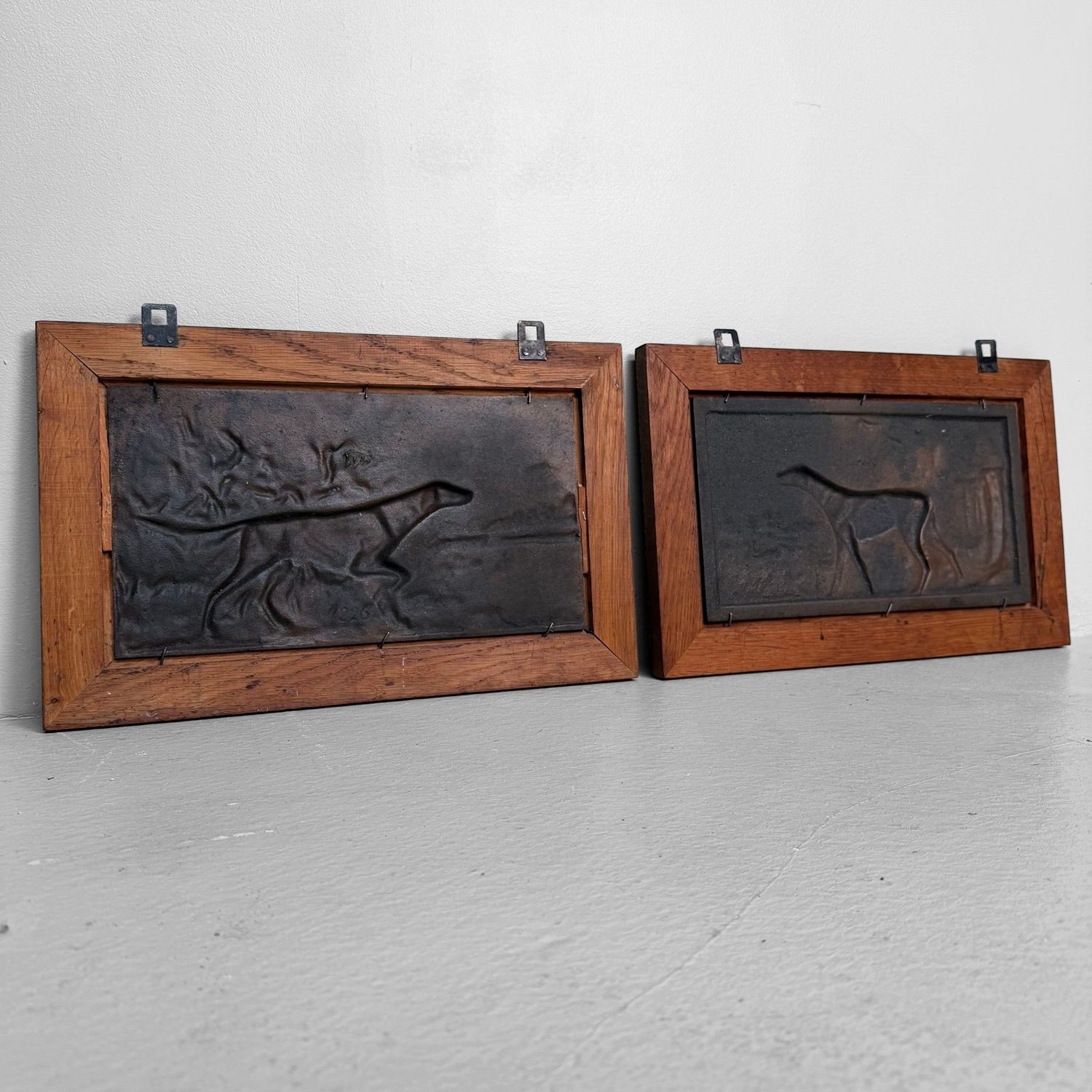 Set of Two Antique Metal Bas-Reliefs with Hunting Dogs, c. 1900