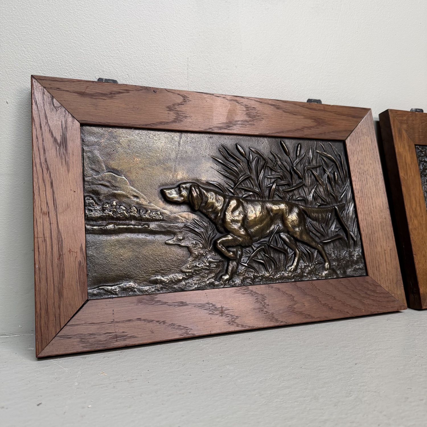 Set of Two Antique Metal Bas-Reliefs with Hunting Dogs, c. 1900