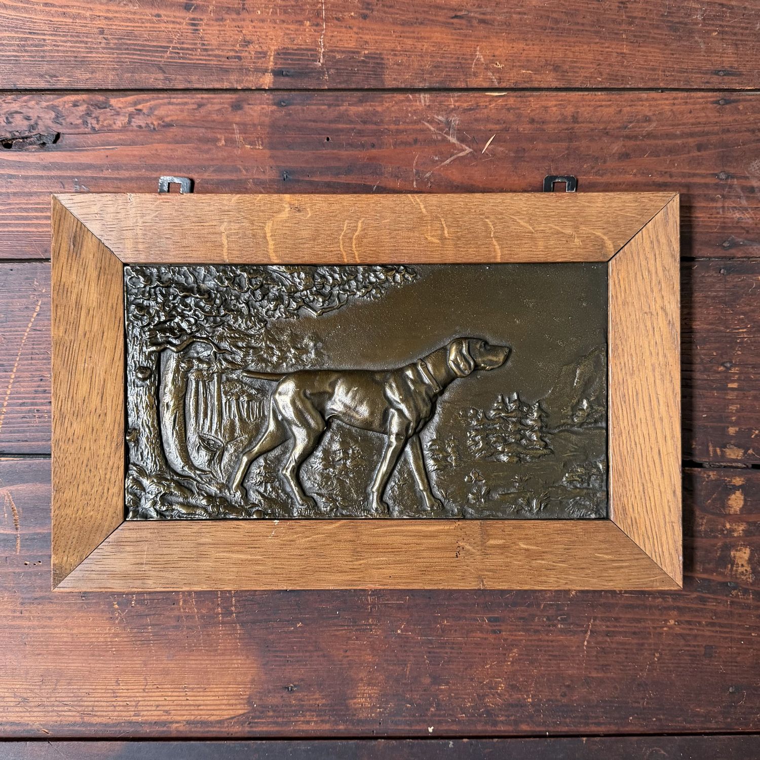Set of Two Antique Metal Bas-Reliefs with Hunting Dogs, c. 1900