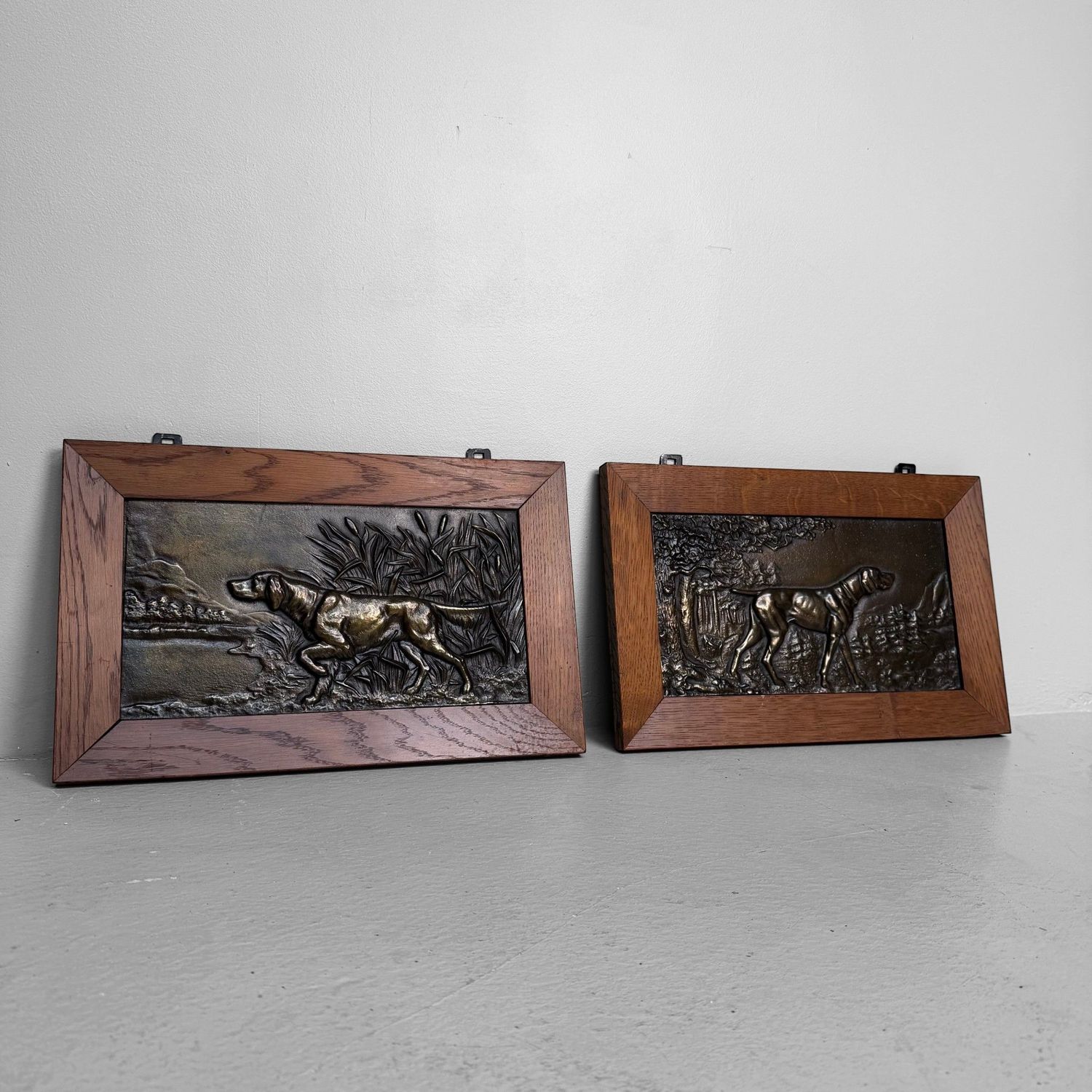 Set of Two Antique Metal Bas-Reliefs with Hunting Dogs, c. 1900
