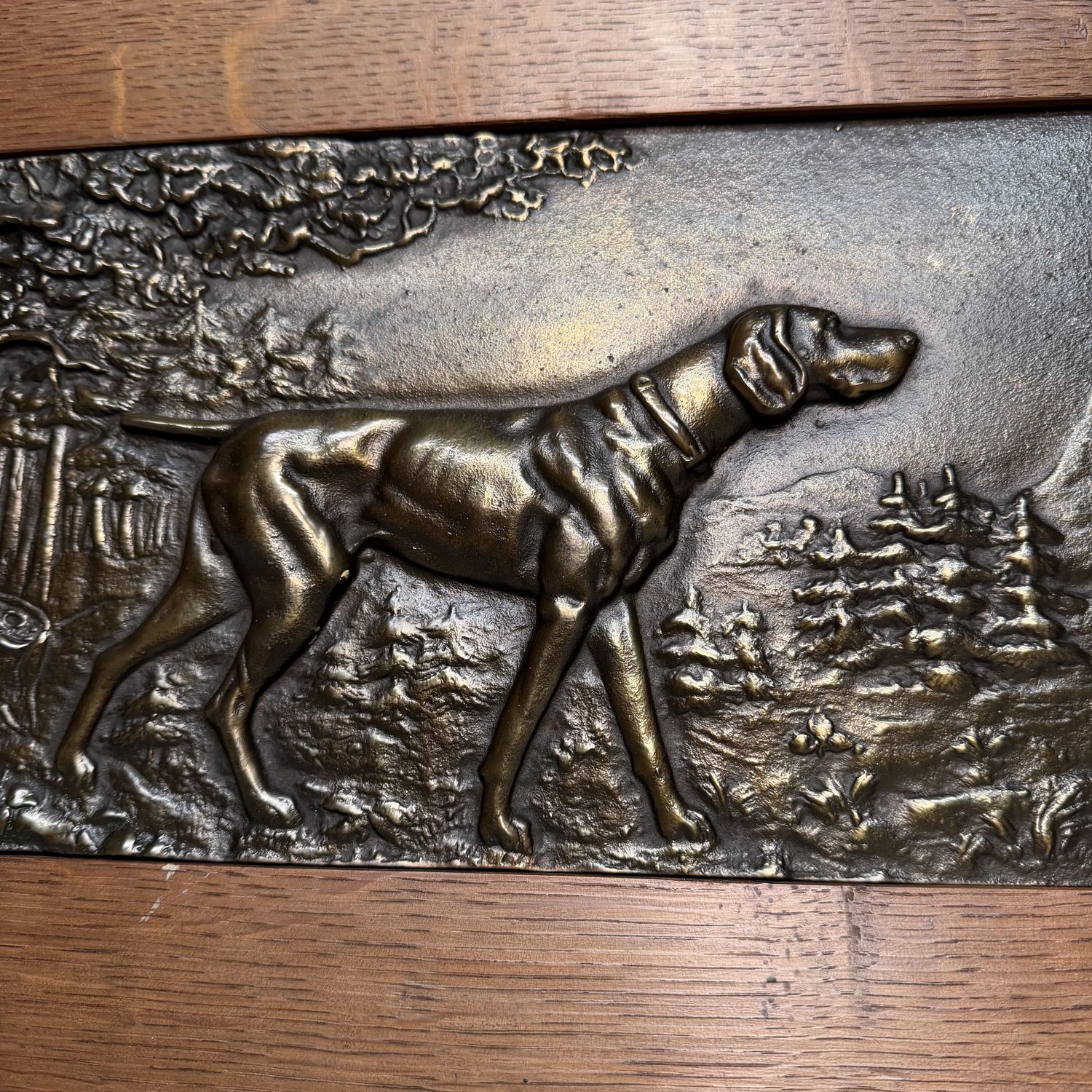 Set of Two Antique Metal Bas-Reliefs with Hunting Dogs, c. 1900