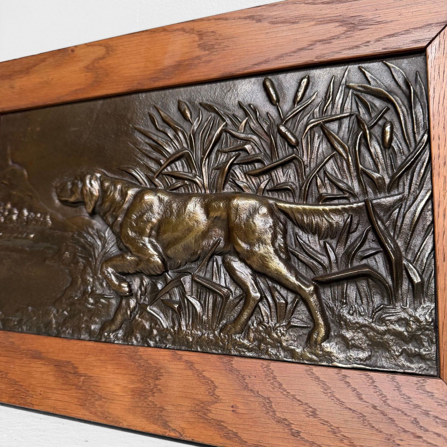 Set of Two Antique Metal Bas-Reliefs with Hunting Dogs, c. 1900
