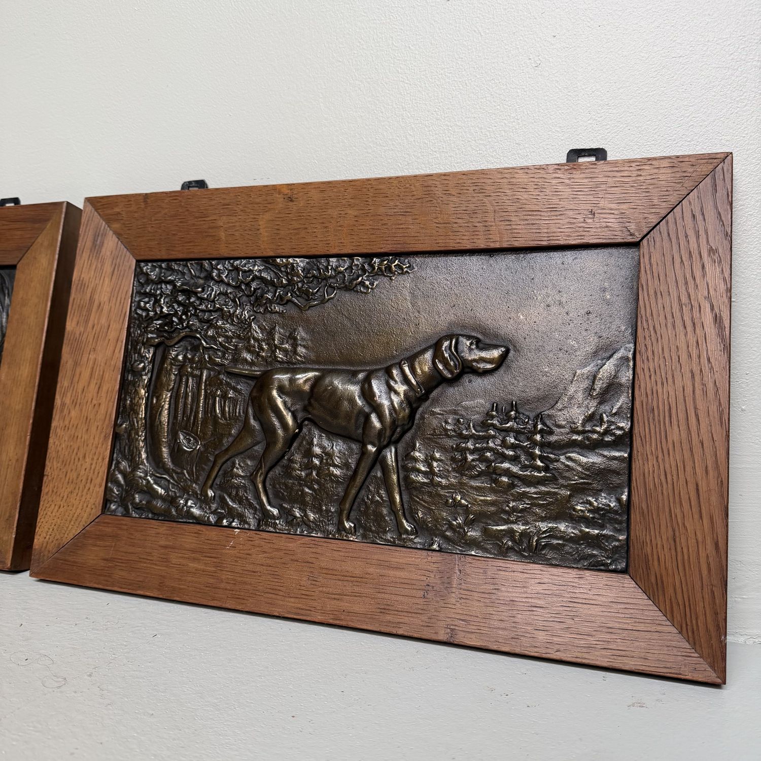 Set of Two Antique Metal Bas-Reliefs with Hunting Dogs, c. 1900