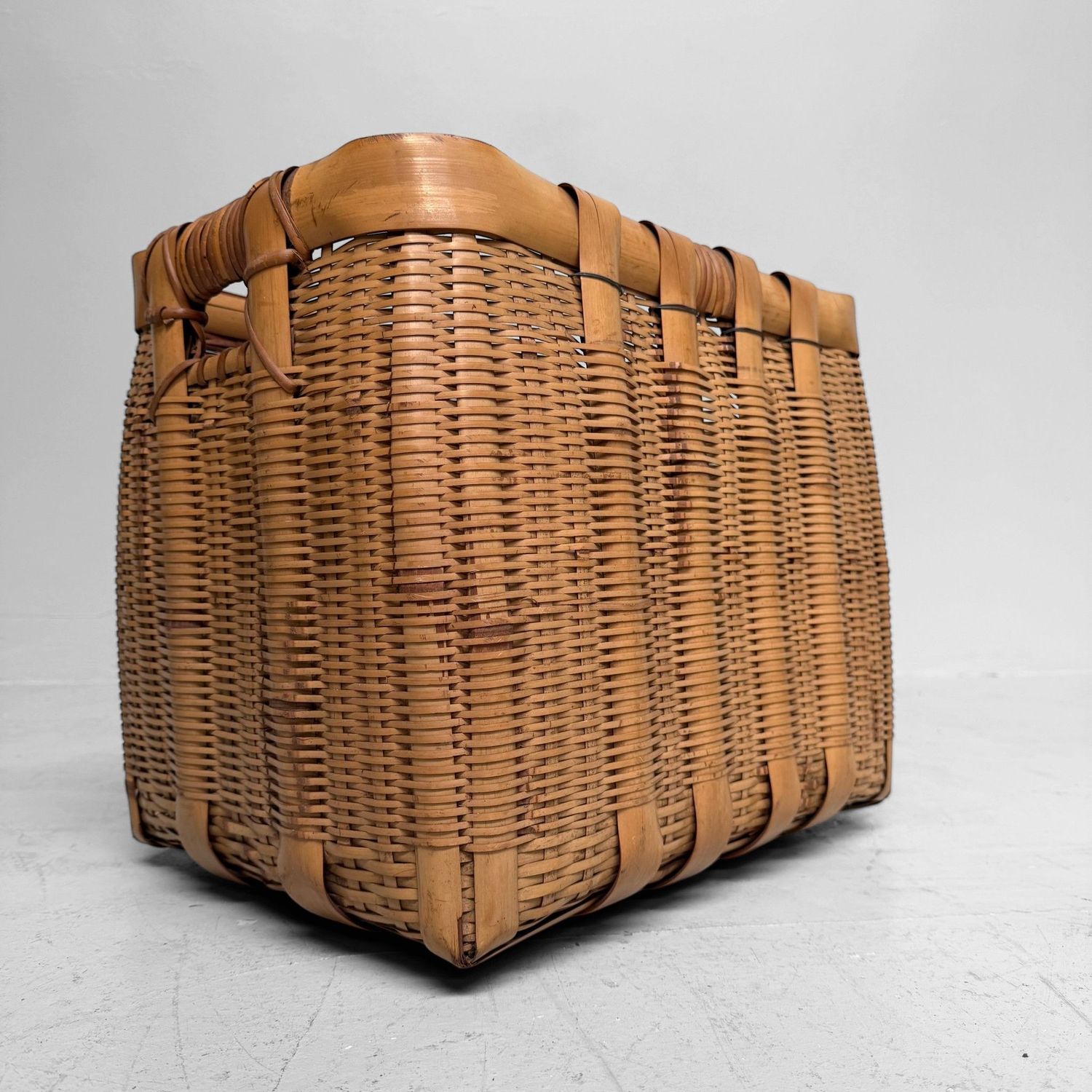 Vintage Japanese Bamboo Basket with Handles, 1950s