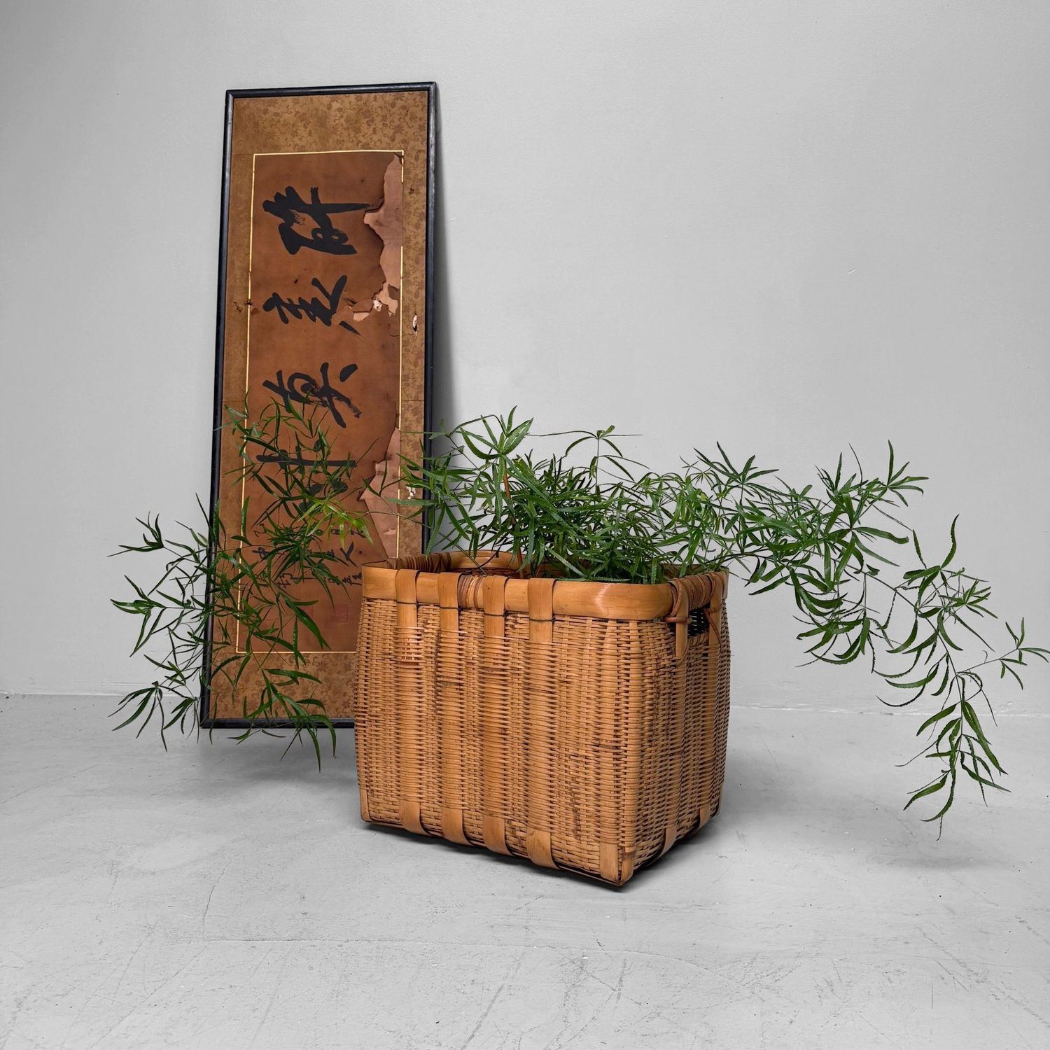 Vintage Japanese Bamboo Basket with Handles, 1950s