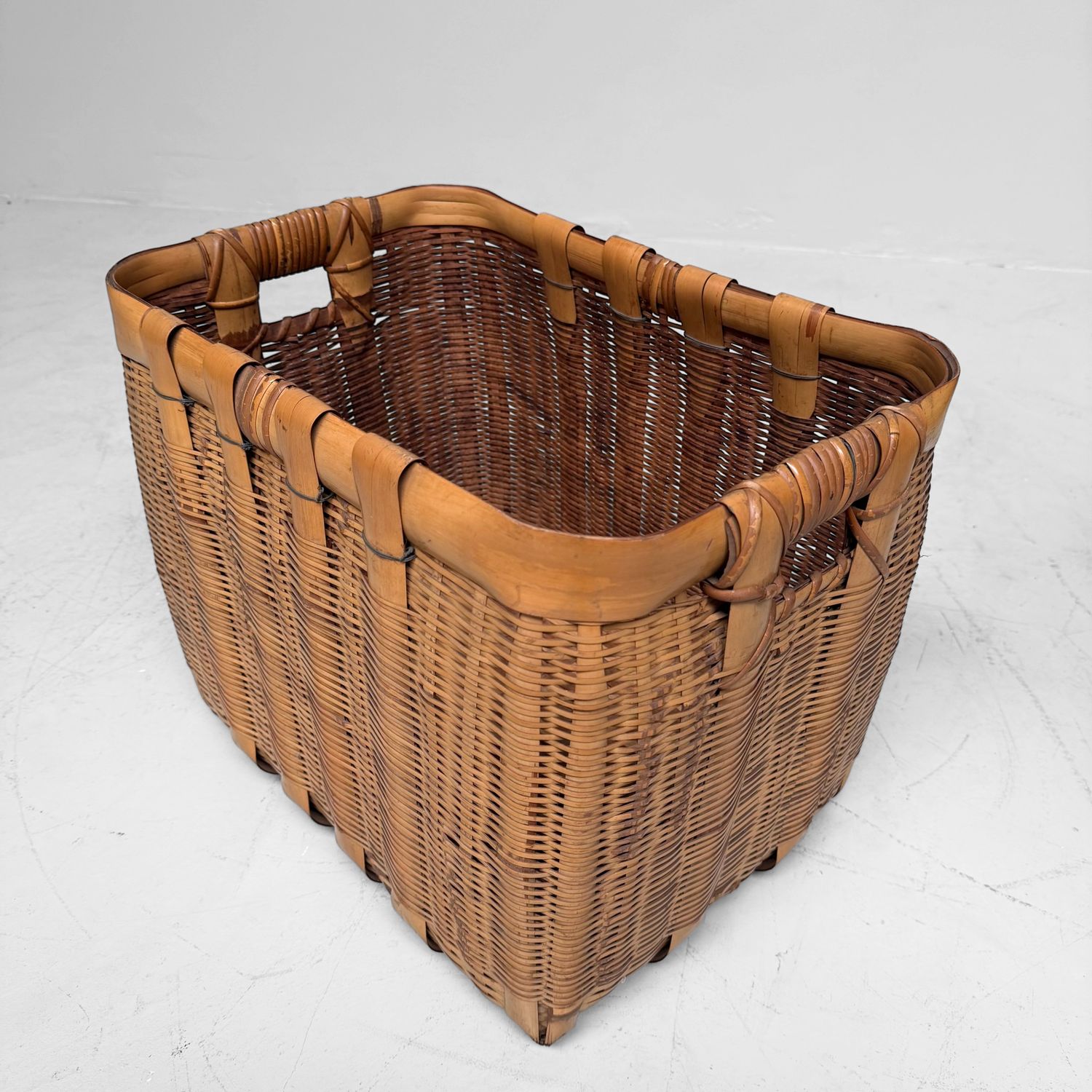 Vintage Japanese Bamboo Basket with Handles, 1950s