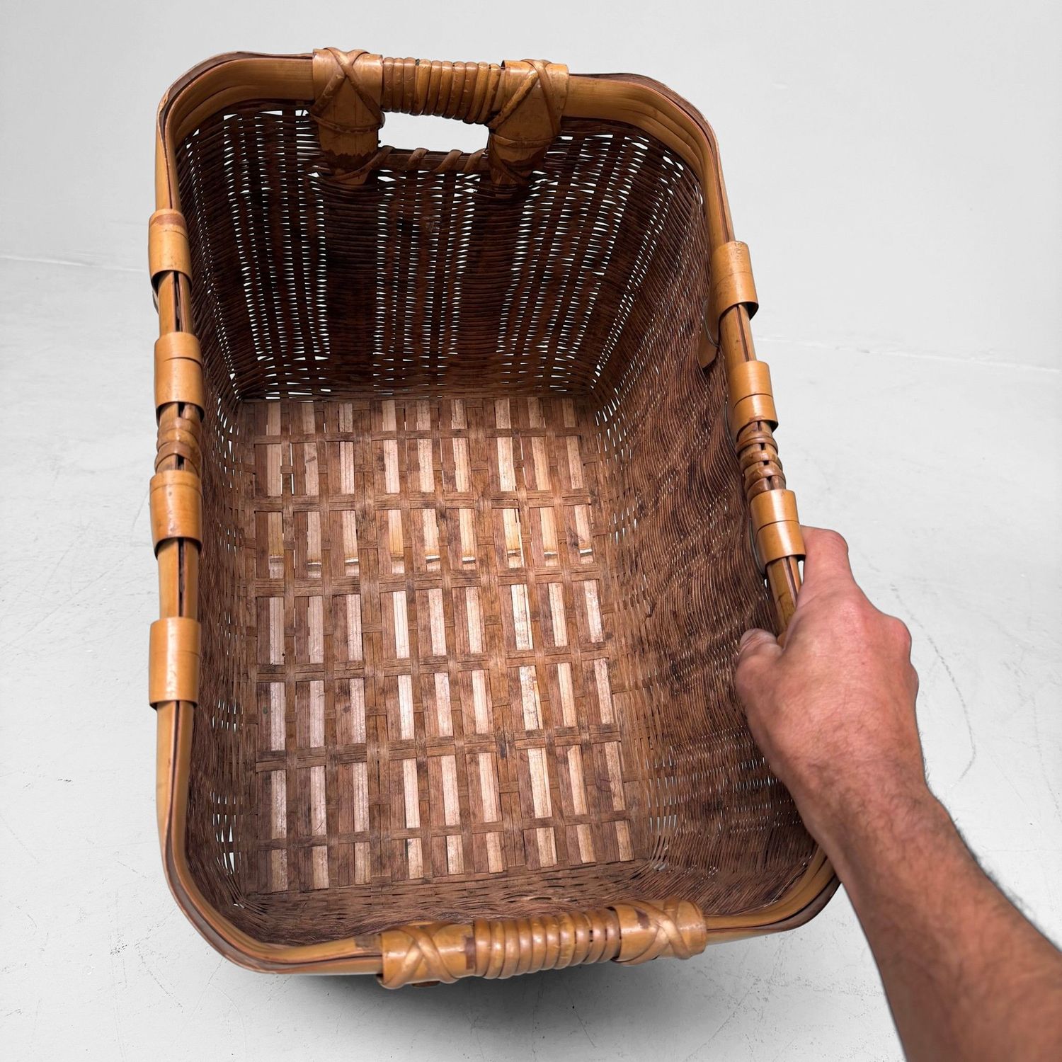 Vintage Japanese Bamboo Basket with Handles, 1950s