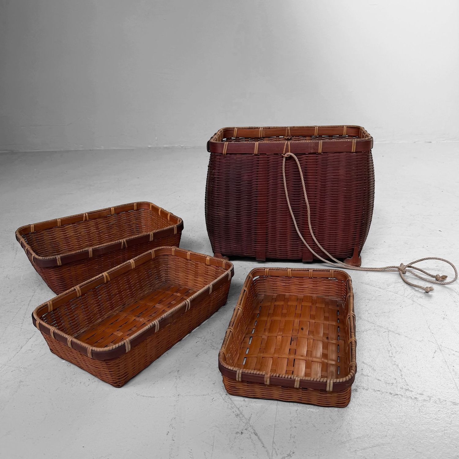 Set of Four Vintage Japanese Nesting Bamboo Baskets, c. 1950