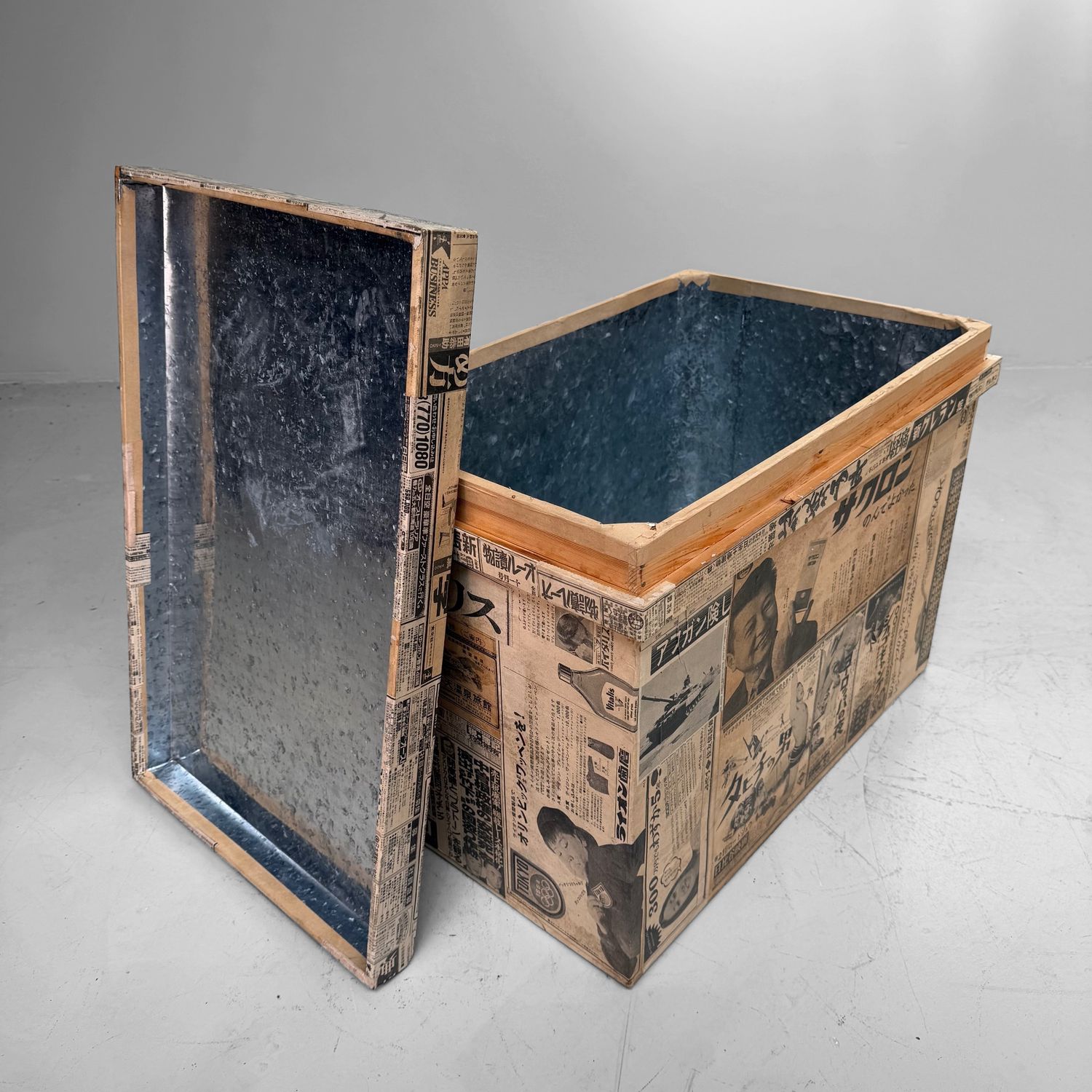Old Japanese Tea Chest with Newspaper Paper and Advertisements, c. 1950–1970