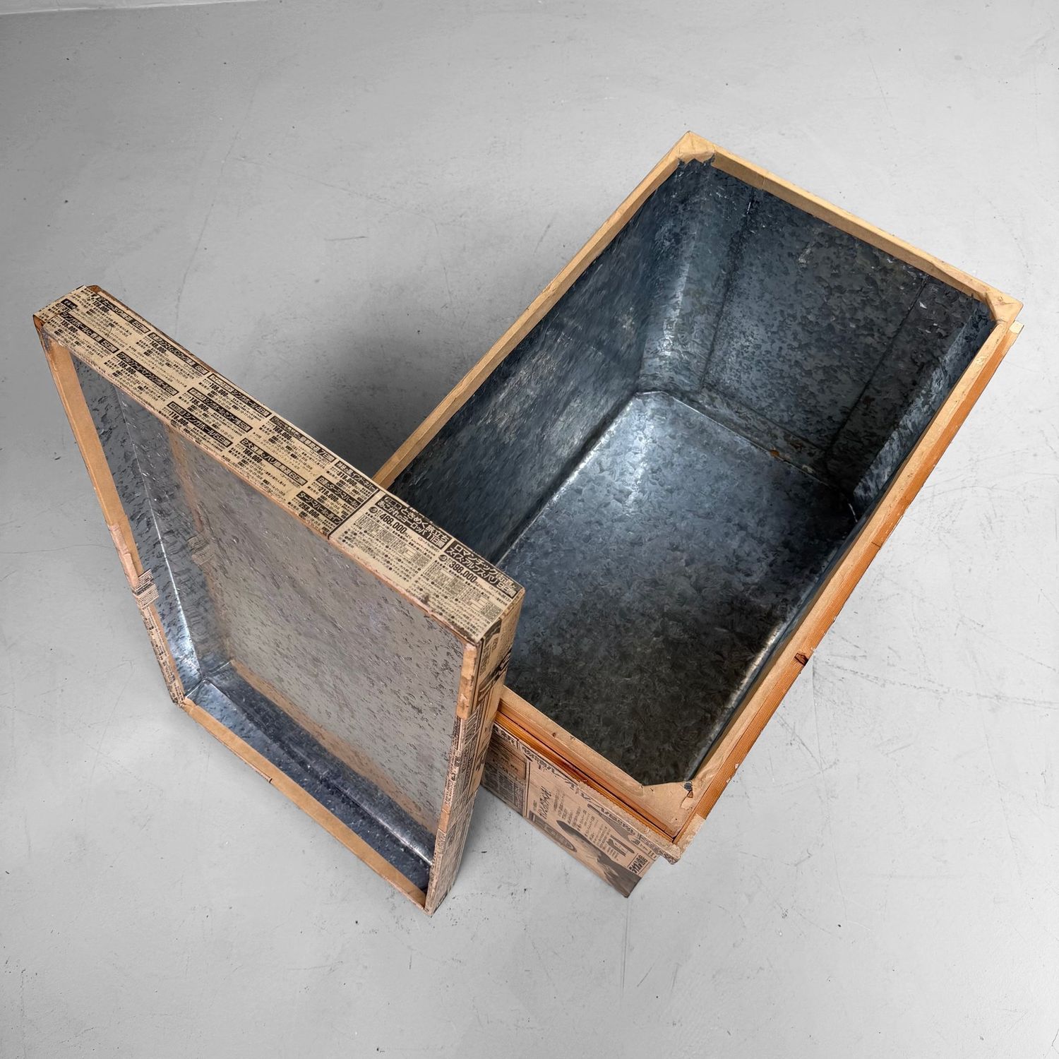 Old Japanese Tea Chest with Newspaper Paper and Advertisements, c. 1950–1970