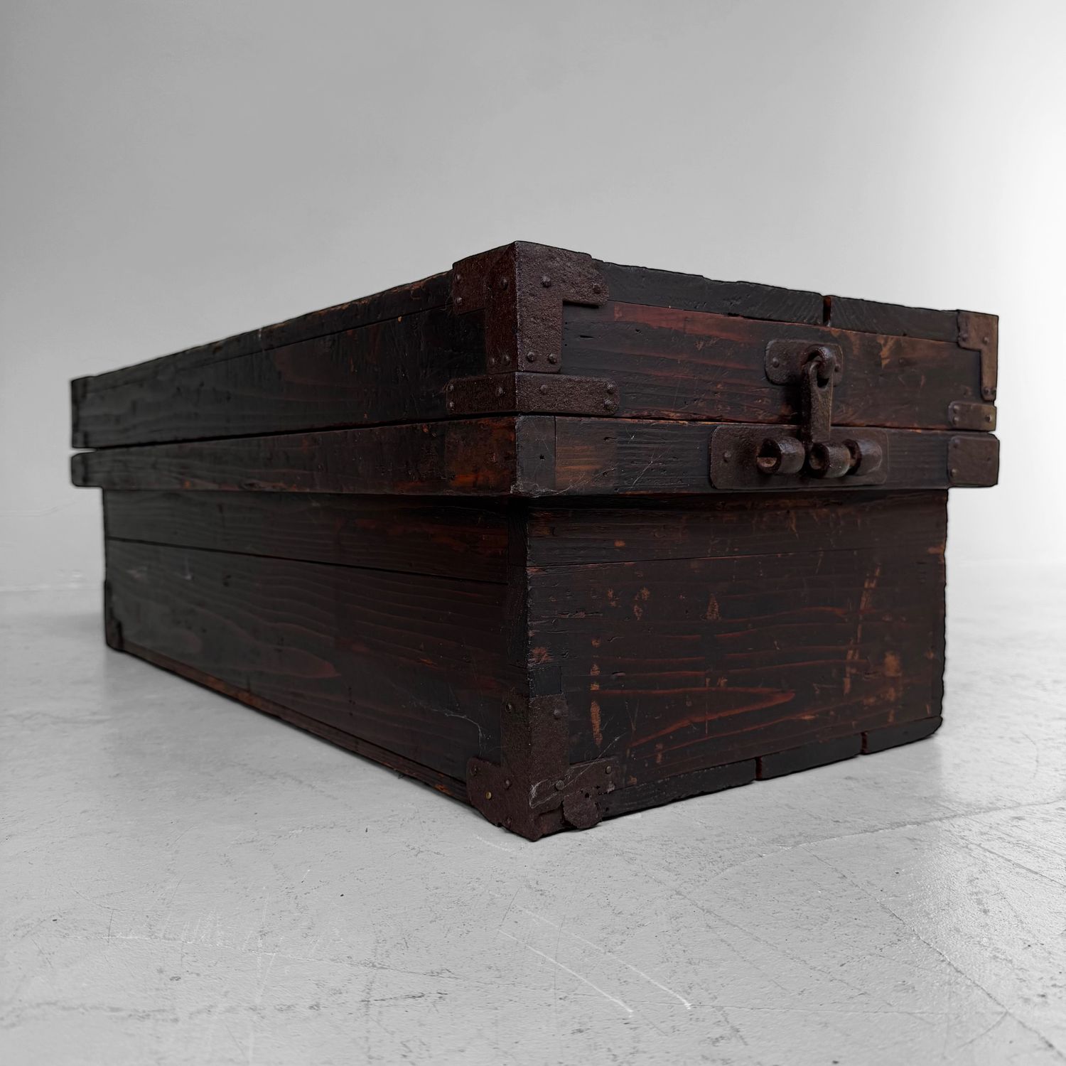 Antique Japanese Storage Chest with Lid and Wrought Iron, Early Meiji Period Antique Japanese Storage Chest with Lid and Wrought Iron, Early Meiji Period