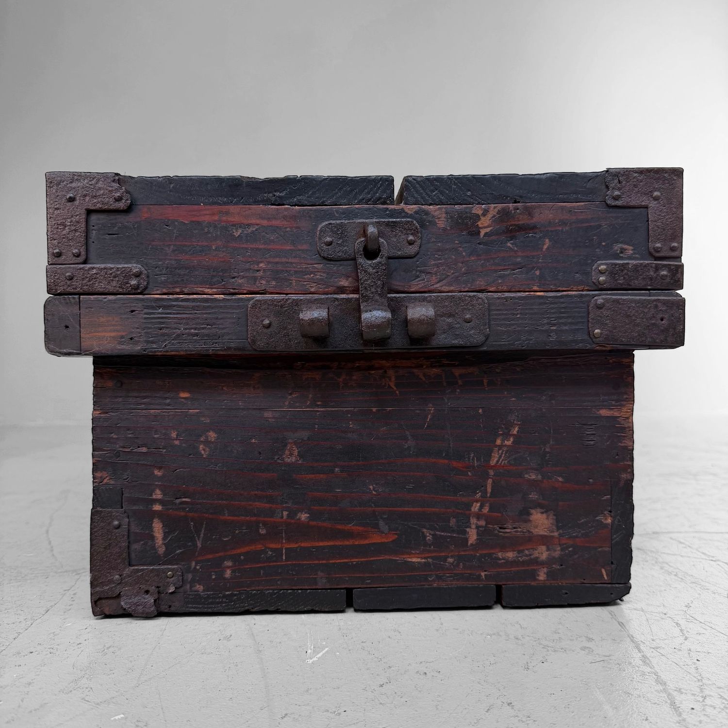 Antique Japanese Storage Chest with Lid and Wrought Iron, Early Meiji Period