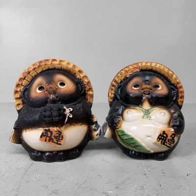 Set van Twee Vintage Japanse Keramische Tanuki, 1970s Set van Twee Vintage Japanse Keramische Tanuki, 1970s