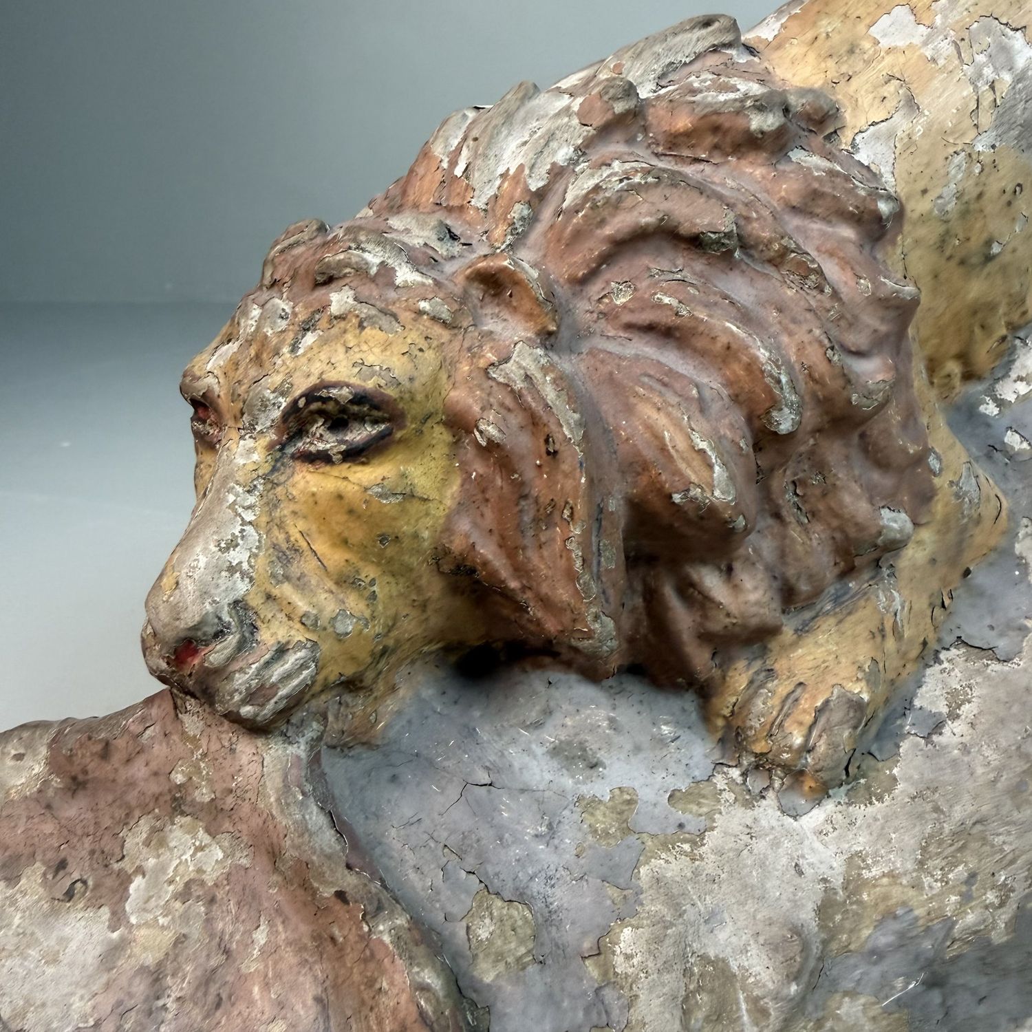 Antique Polychrome Stone Lion Sculpture With Shell – 1880–1900, Italy