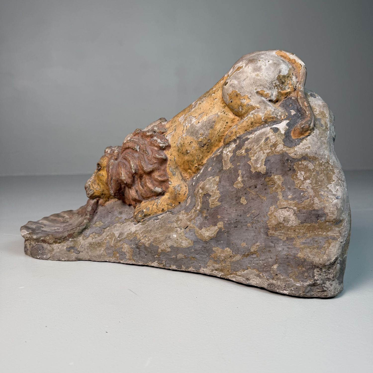 Antique Polychrome Stone Lion Sculpture With Shell – 1880–1900, Italy