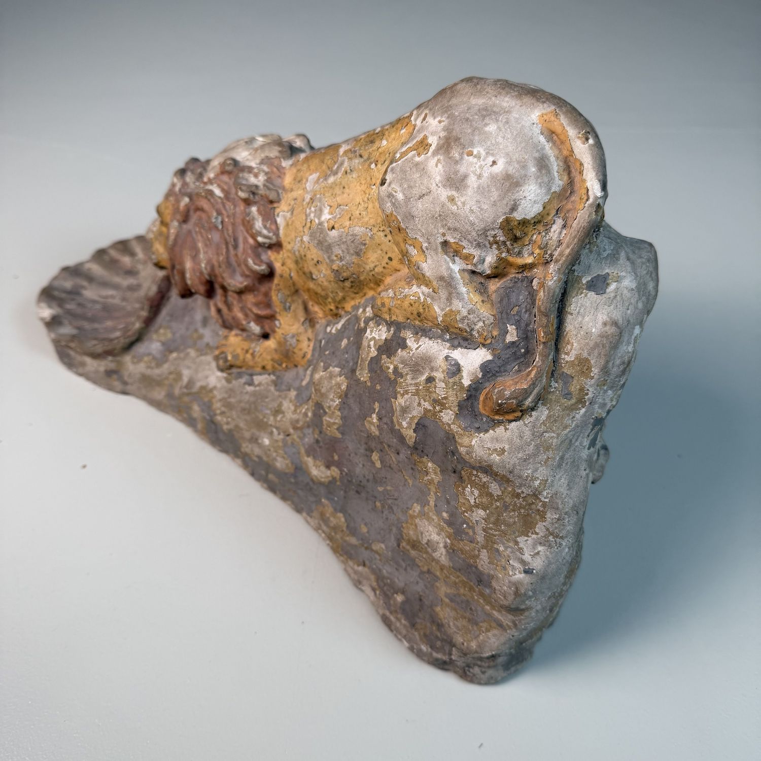 Antique Polychrome Stone Lion Sculpture With Shell – 1880–1900, Italy