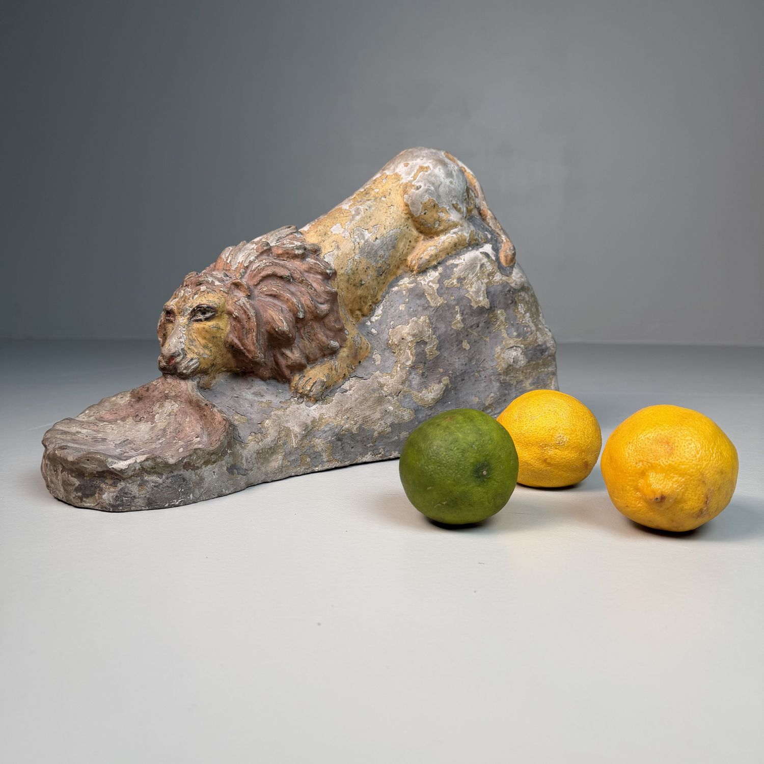 Antique Polychrome Stone Lion Sculpture With Shell – 1880–1900, Italy