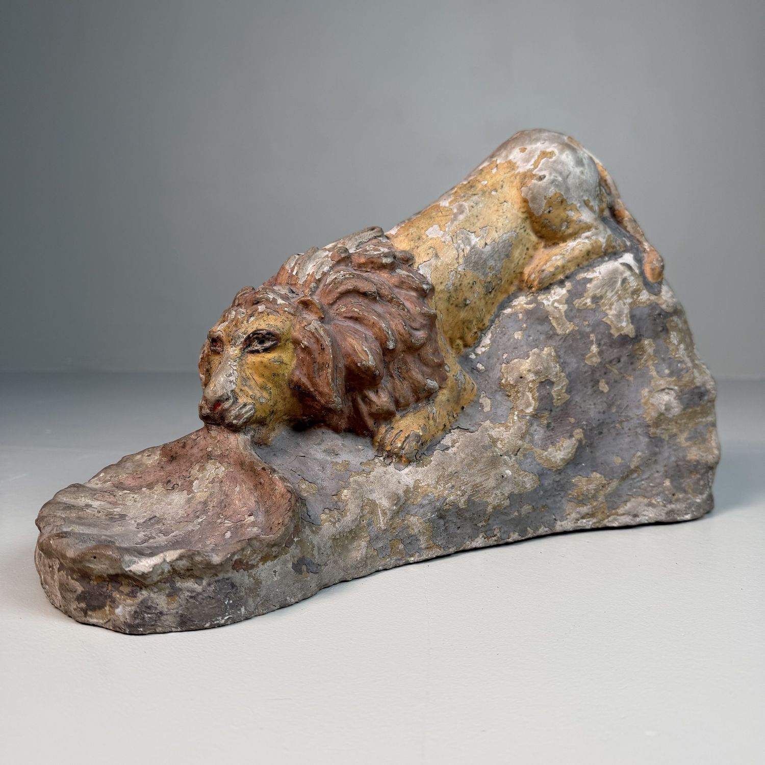 Antique Polychrome Stone Lion Sculpture With Shell – 1880–1900, Italy